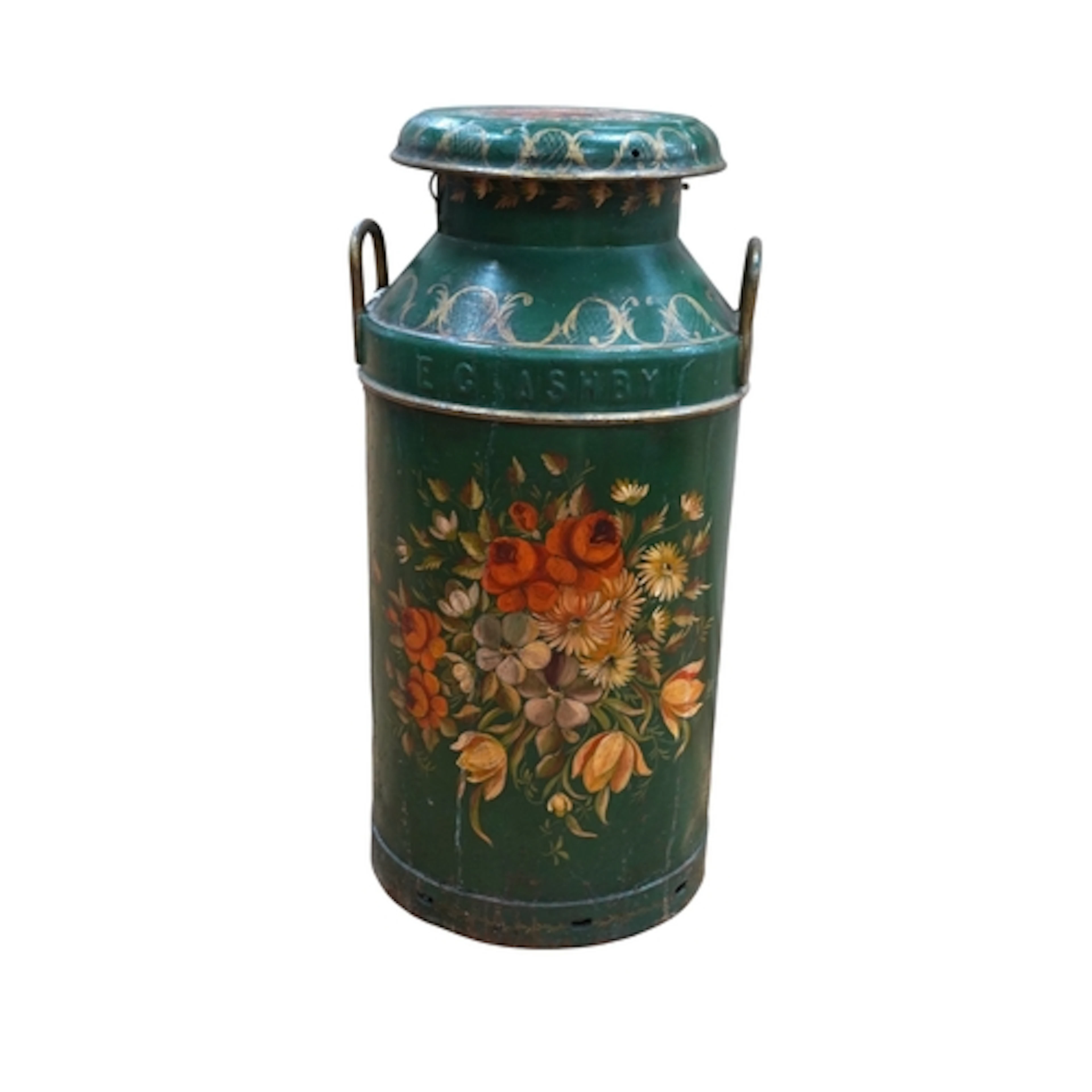 A Southwick Farm dairy milk churn hand painted with flowers,...
