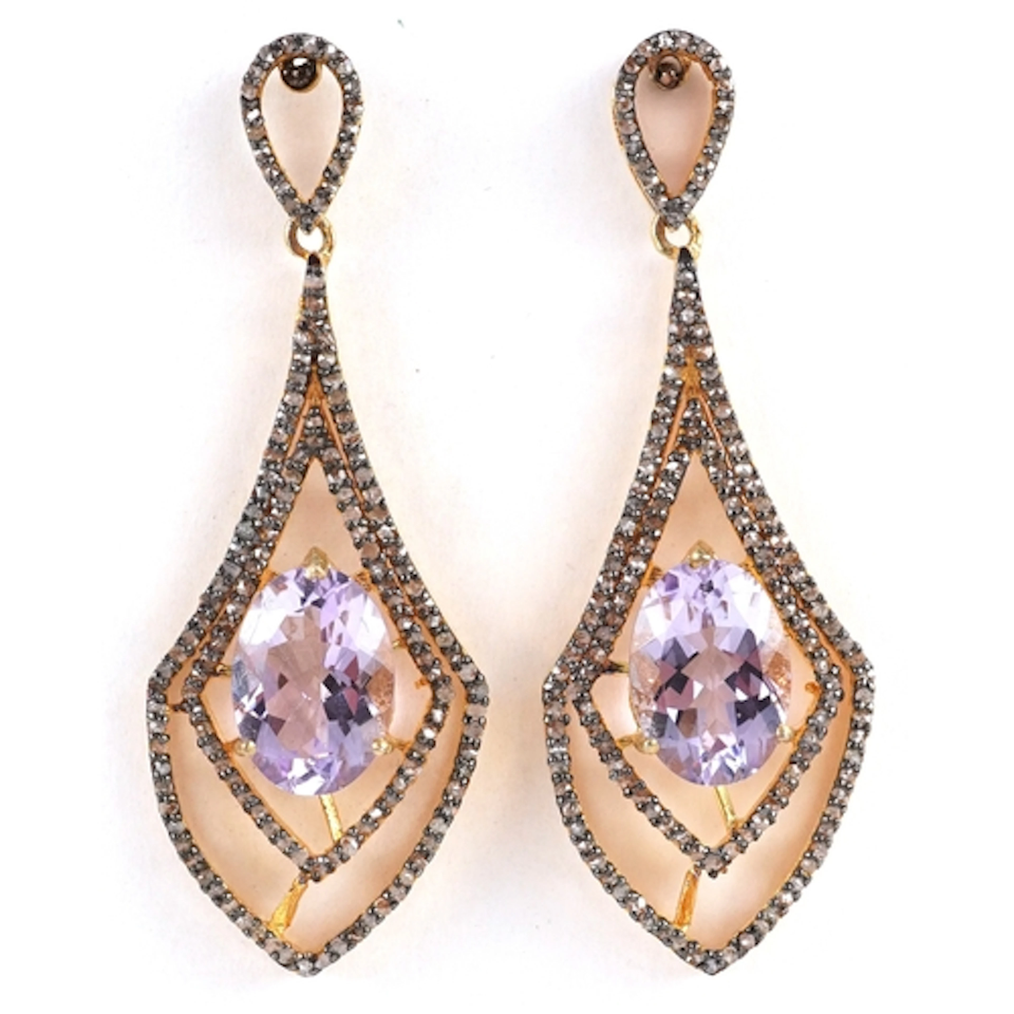 Pair of silver gilt oval kunzite and diamond drop earrings, ...