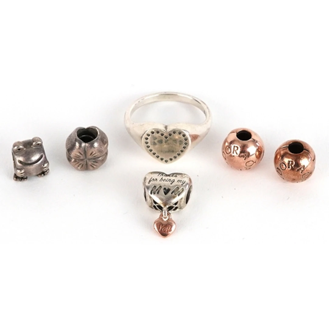 Silver Pandora jewellery comprising love heart ring and five...