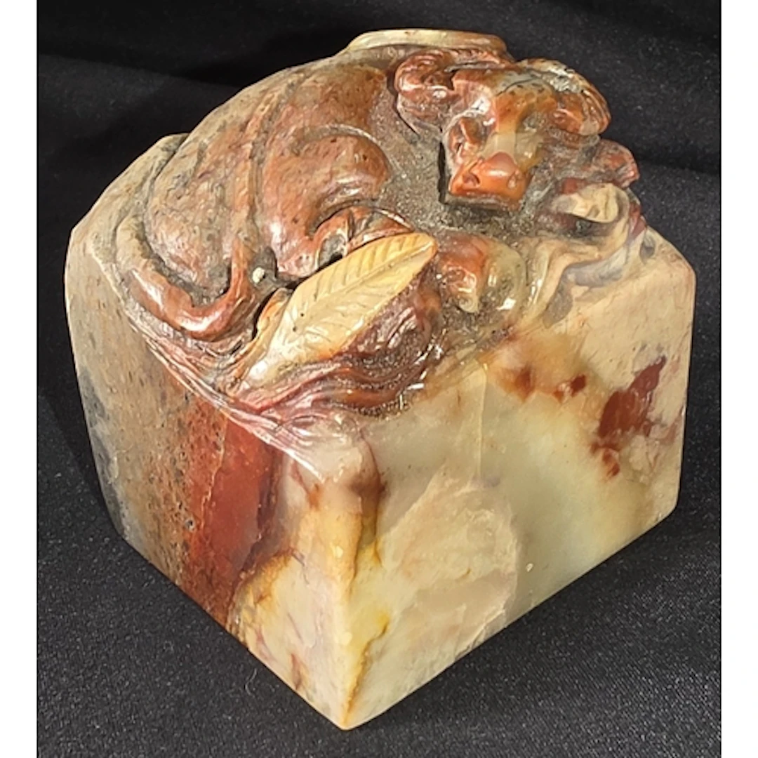 A large Chinese carved stone seal with oxen to the top, 6 x ...