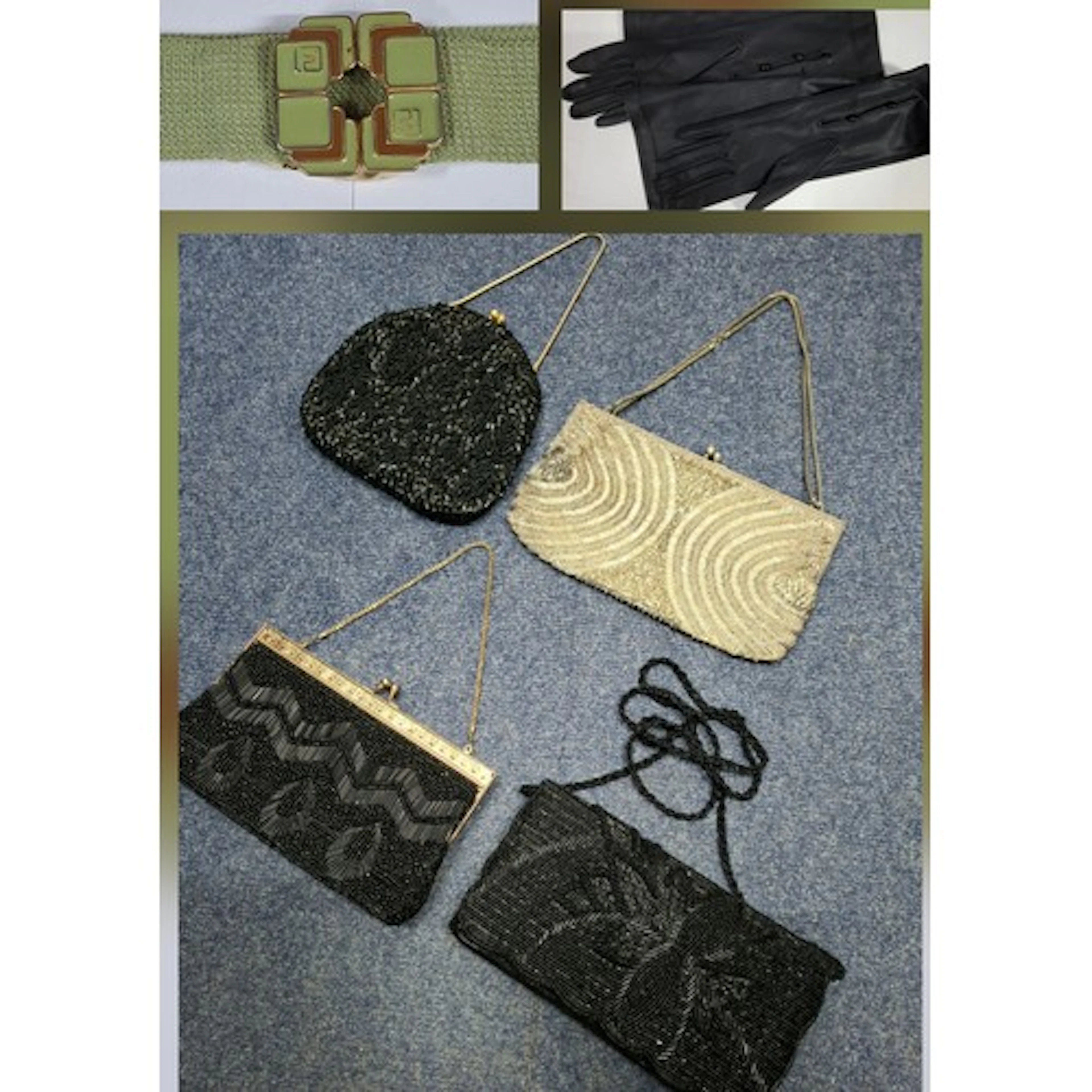 A group of 4 beaded evening bags together with a pair of Den...
