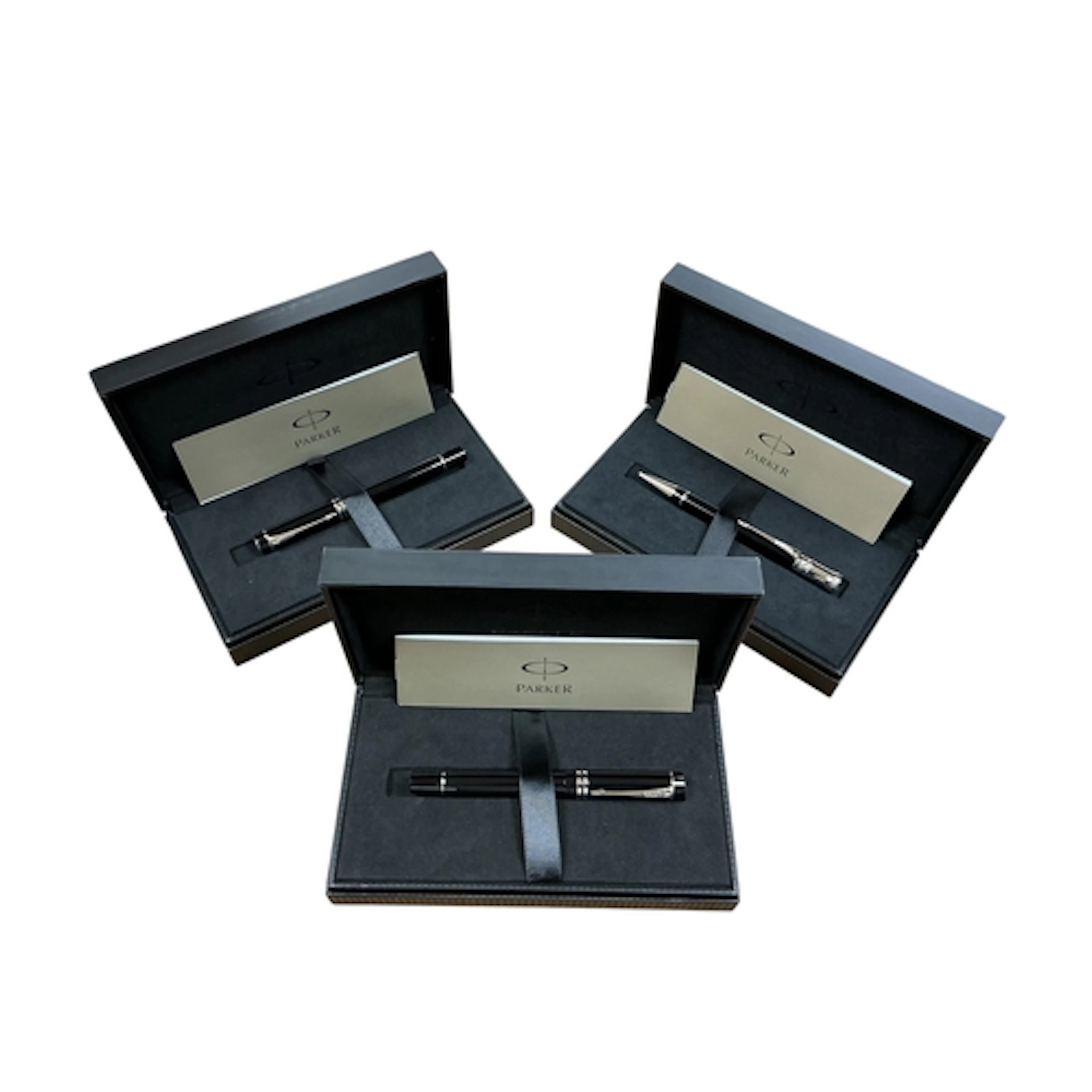 A Parker International fountain pen in black with chrome tri...