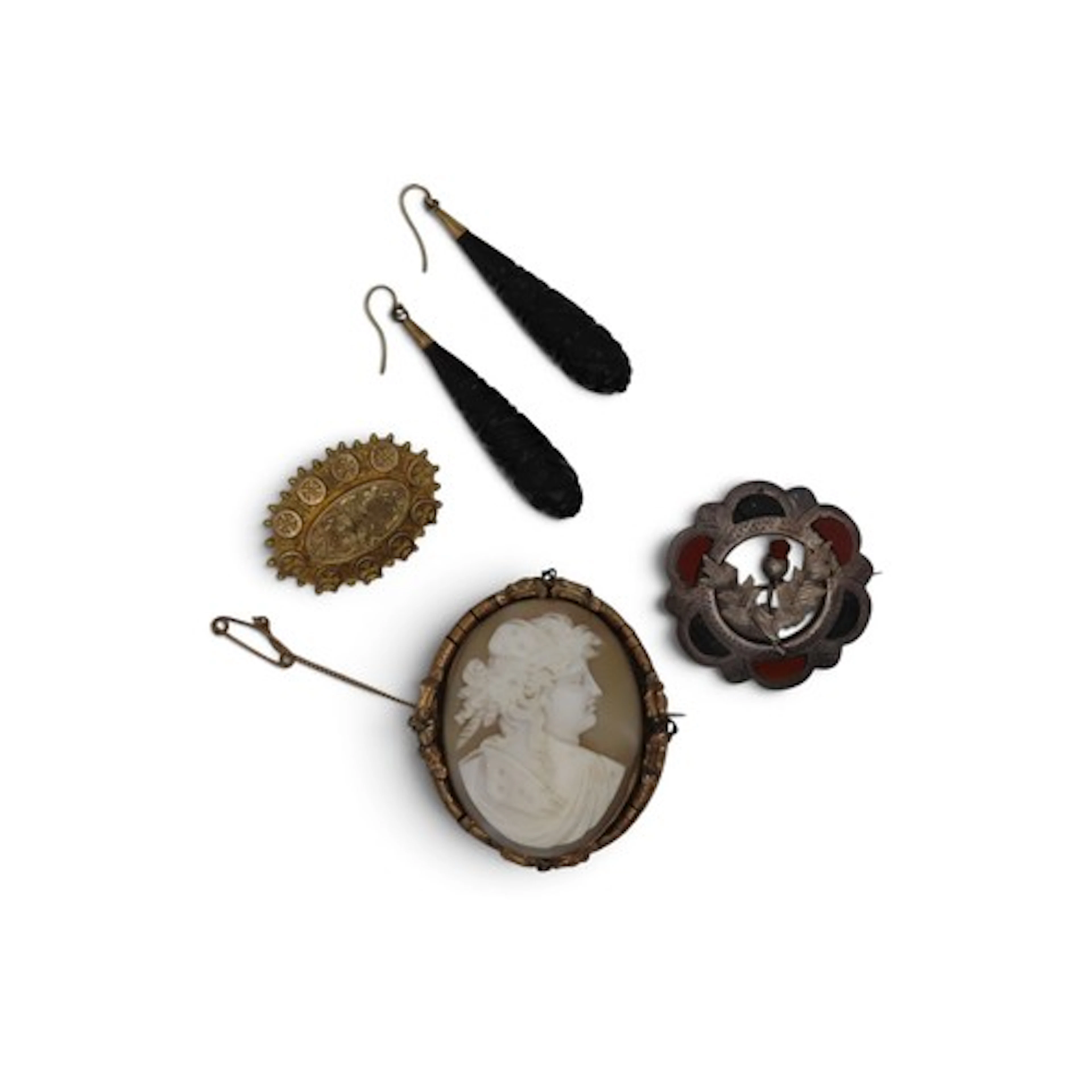 A pair of Victorian carved jet drop earrings, together with ...