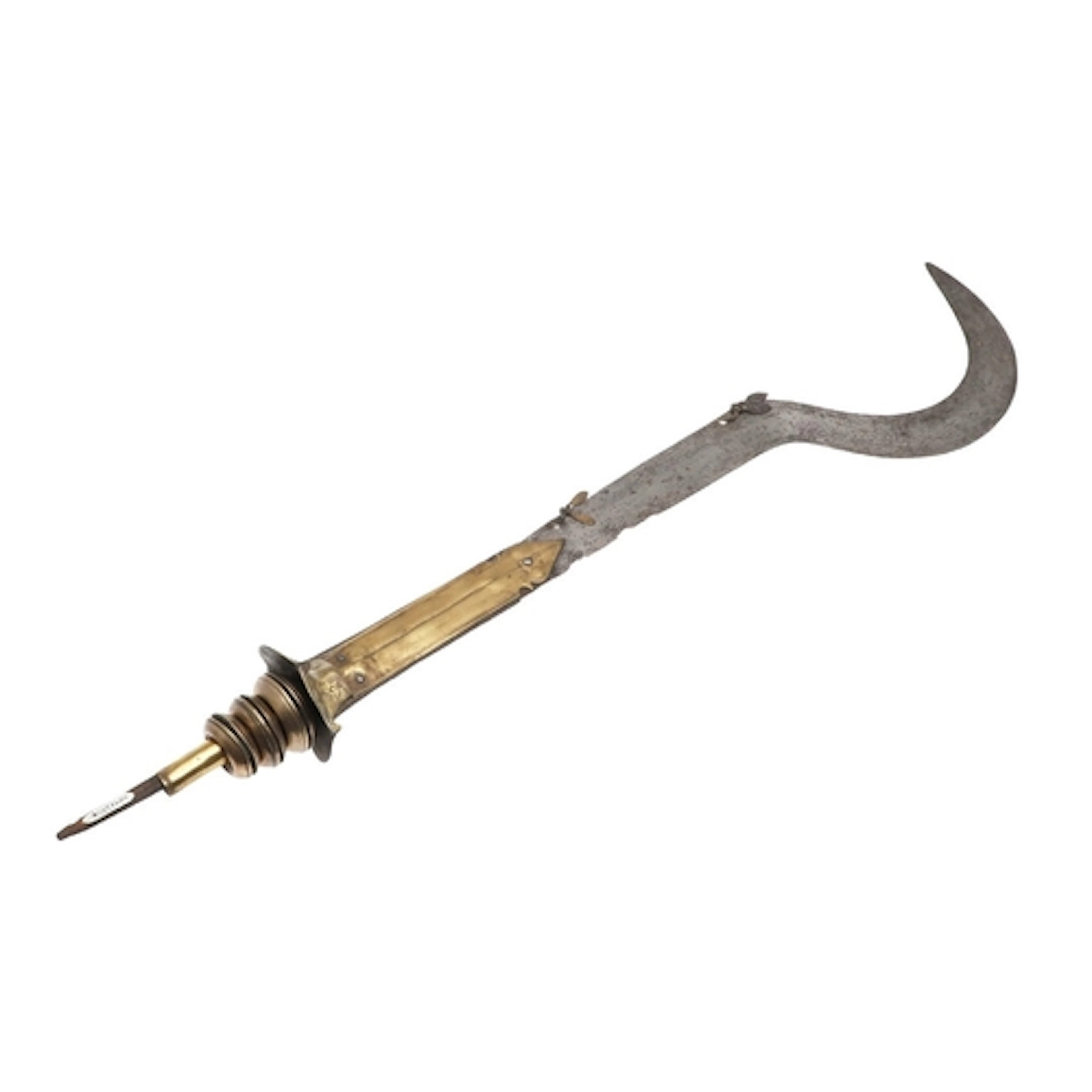 A NAIR TEMPLE SWORD. The 61.5 cm hooked blade with attached ...