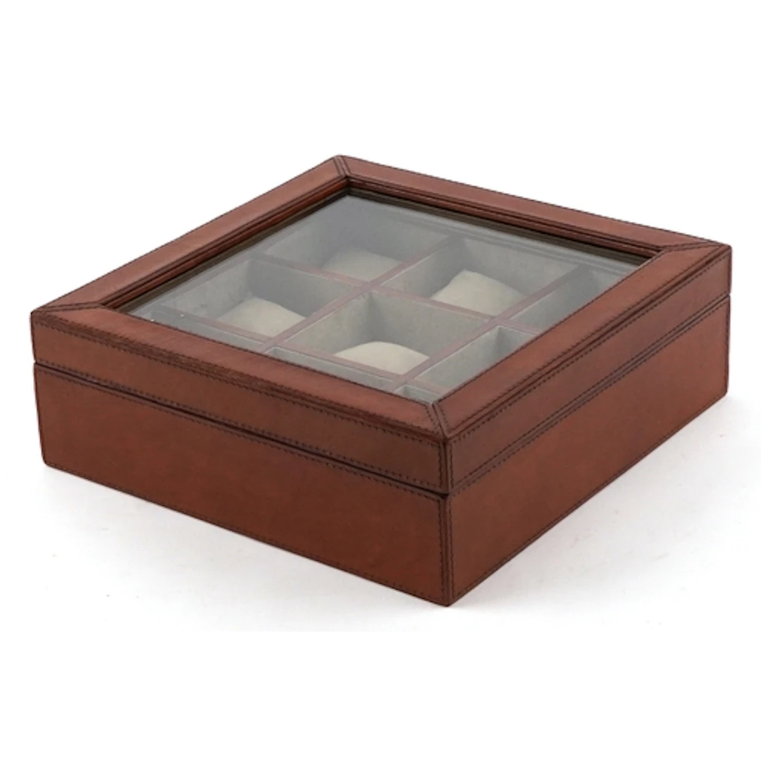 Brown leather cased nine place watch box with suede interior...