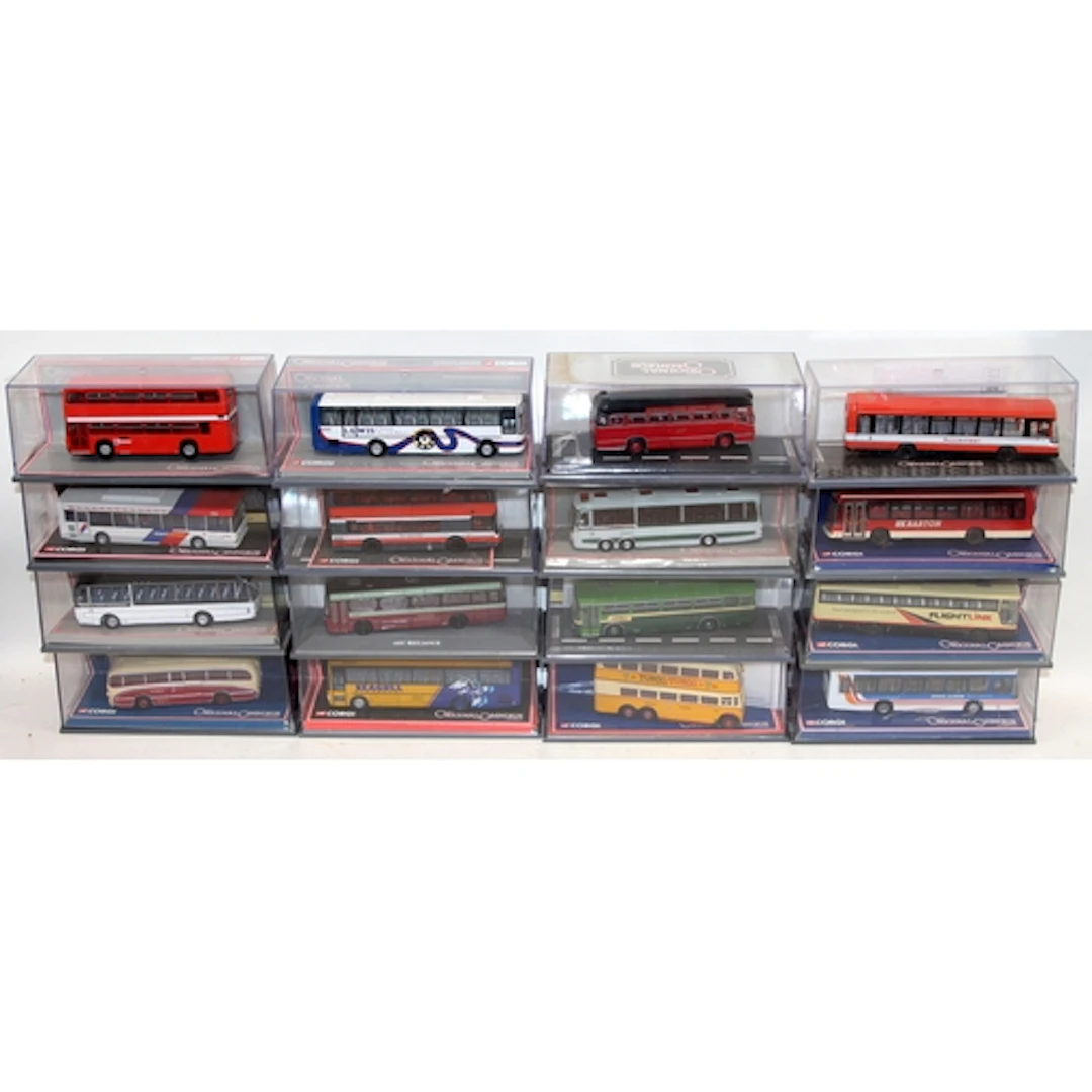 A collection of Corgi Original Omnibus die-cast model buses....