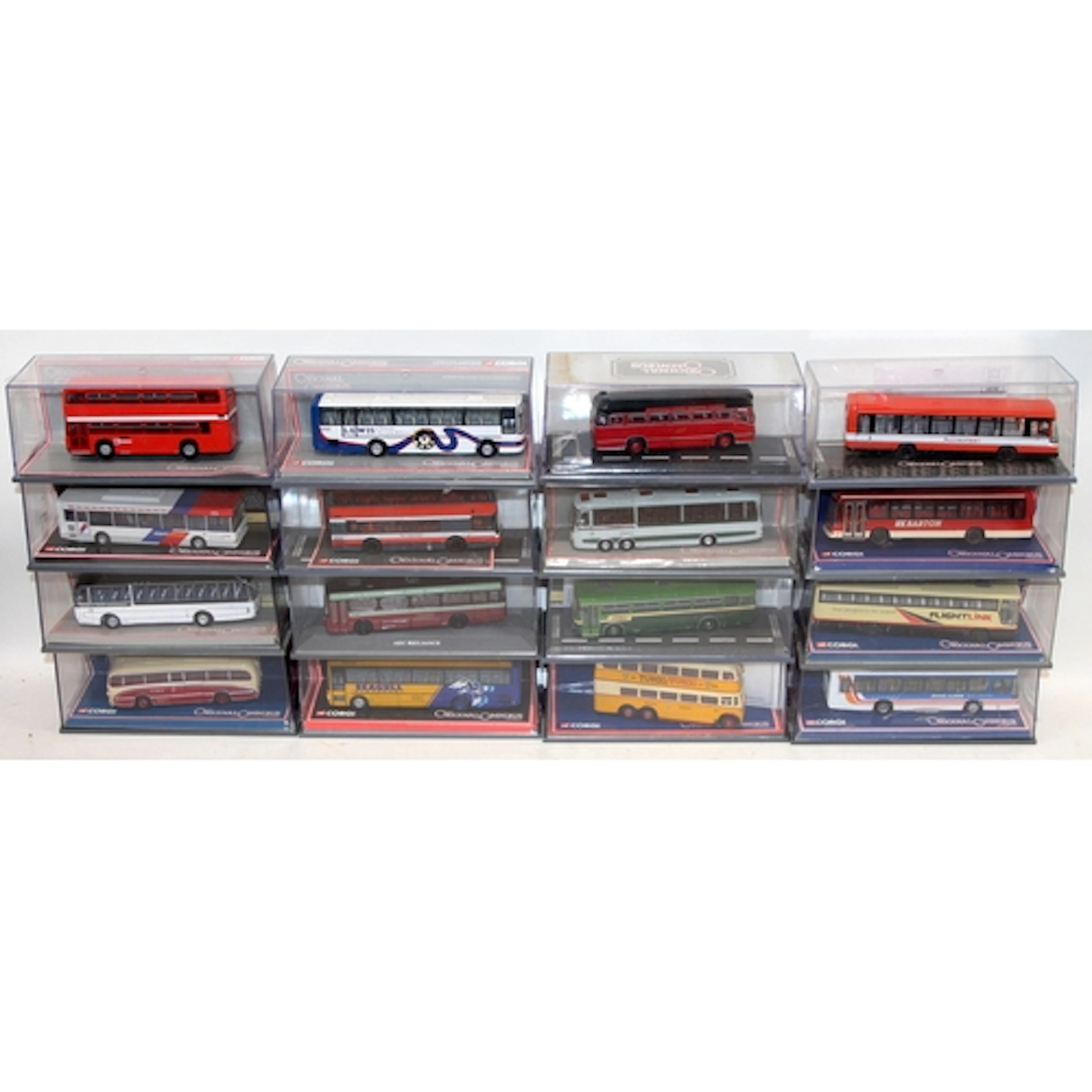 A collection of Corgi Original Omnibus die-cast model buses....