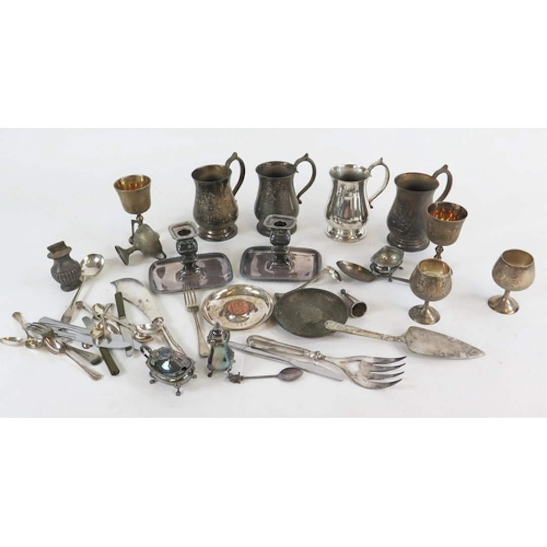 Assorted silver and white metal mounted glass bottles, vario...