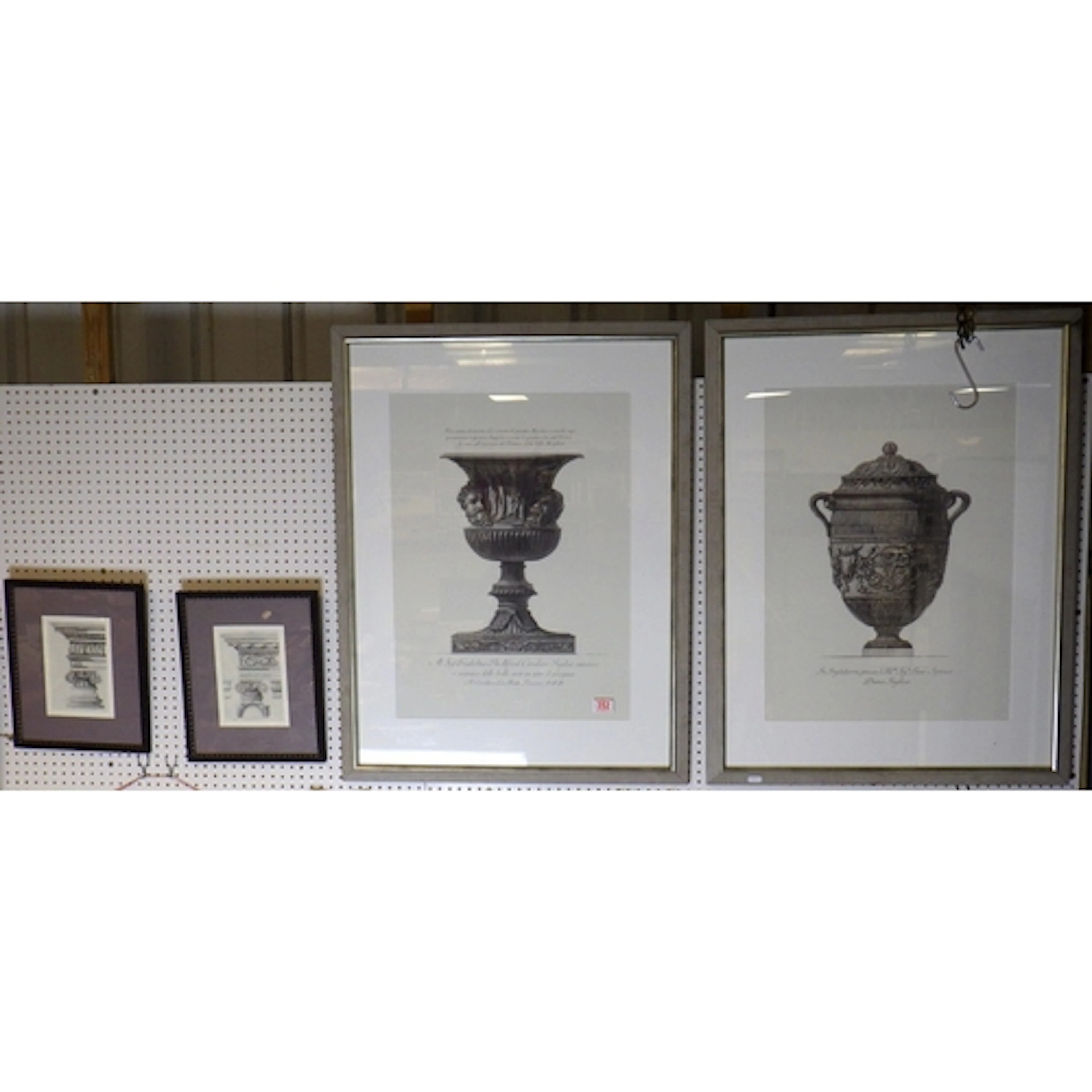 A pair of large framed prints together with a small pair of ...