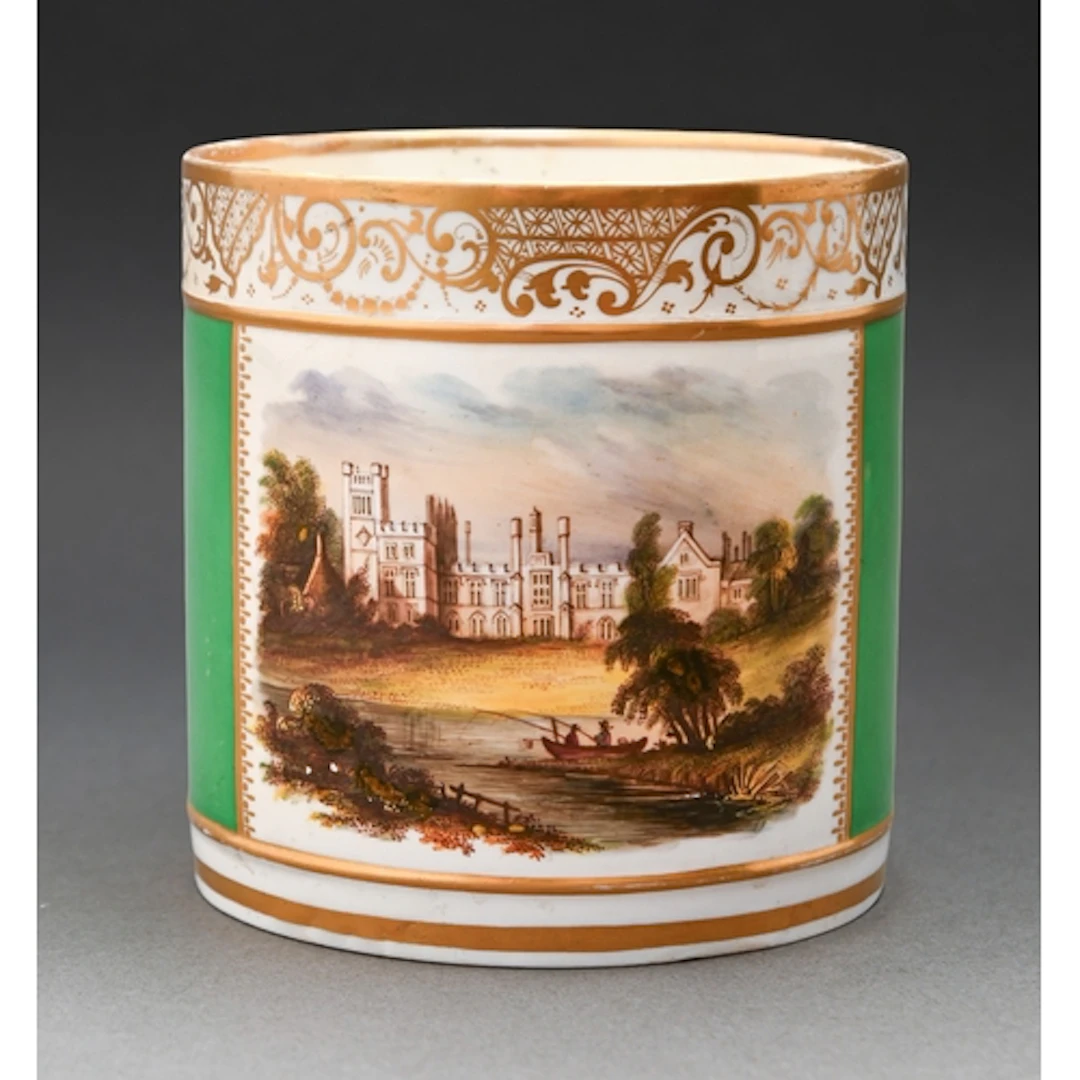 A Derby porter mug, c1830, painted by Daniel Lucas with a vi...