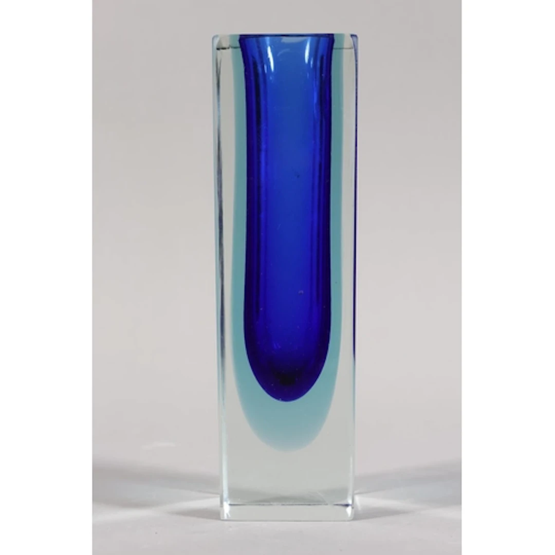 Murano Sommerso art glass cubed vase with blue in colour, 15...