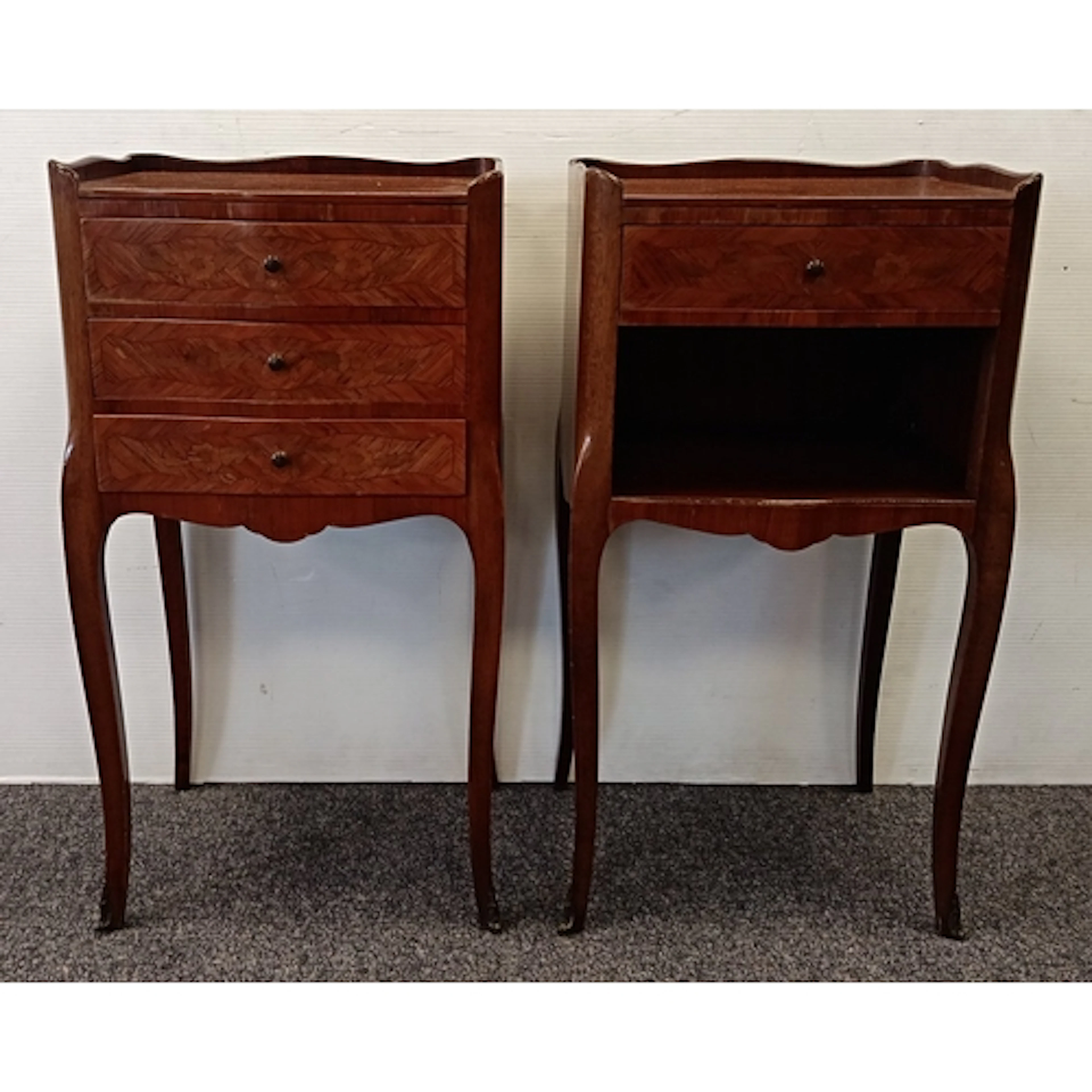Pair of French Marquetry Inlaid Bedside Tables / Nightstands...