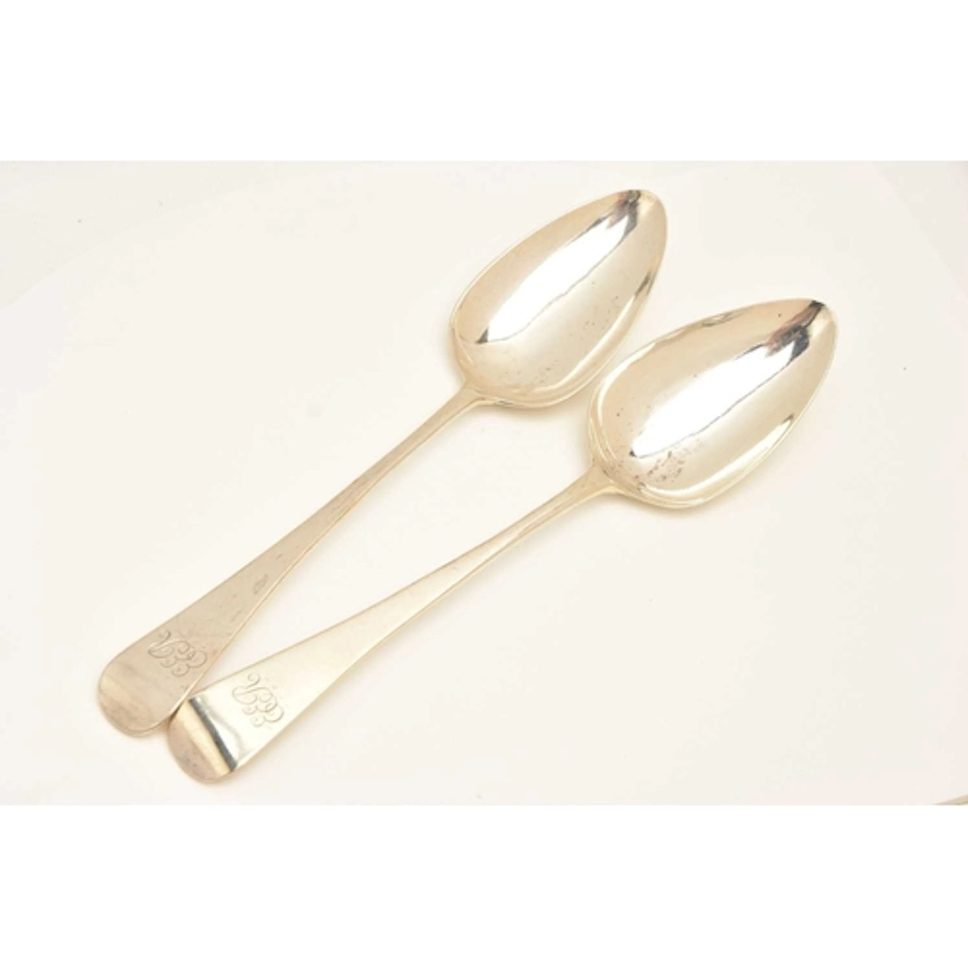 TWO GEORGE III SILVER SERVING SPOONS, old English pattern sp...