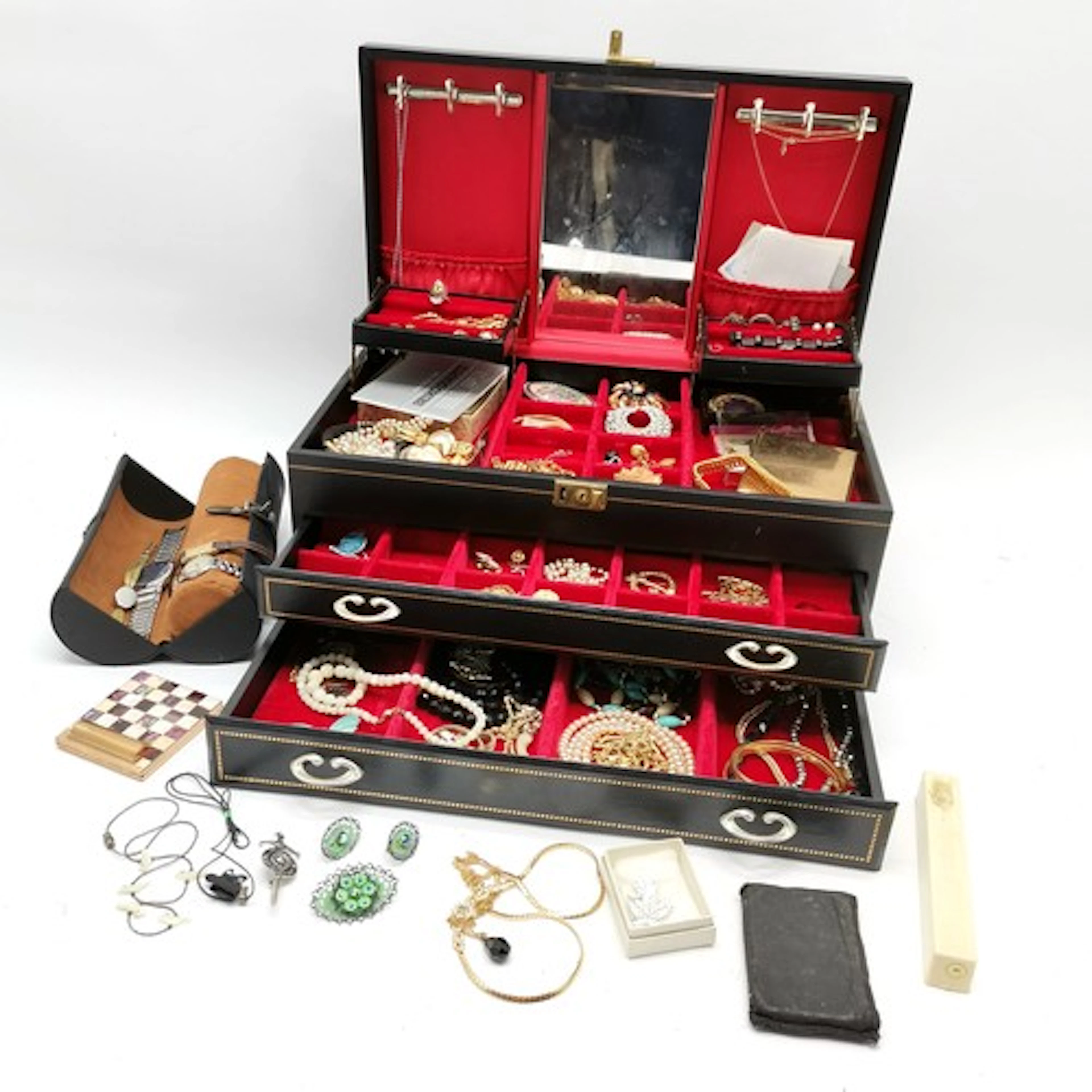 Large vintage 2 drawer black jewellery box with contents inc...