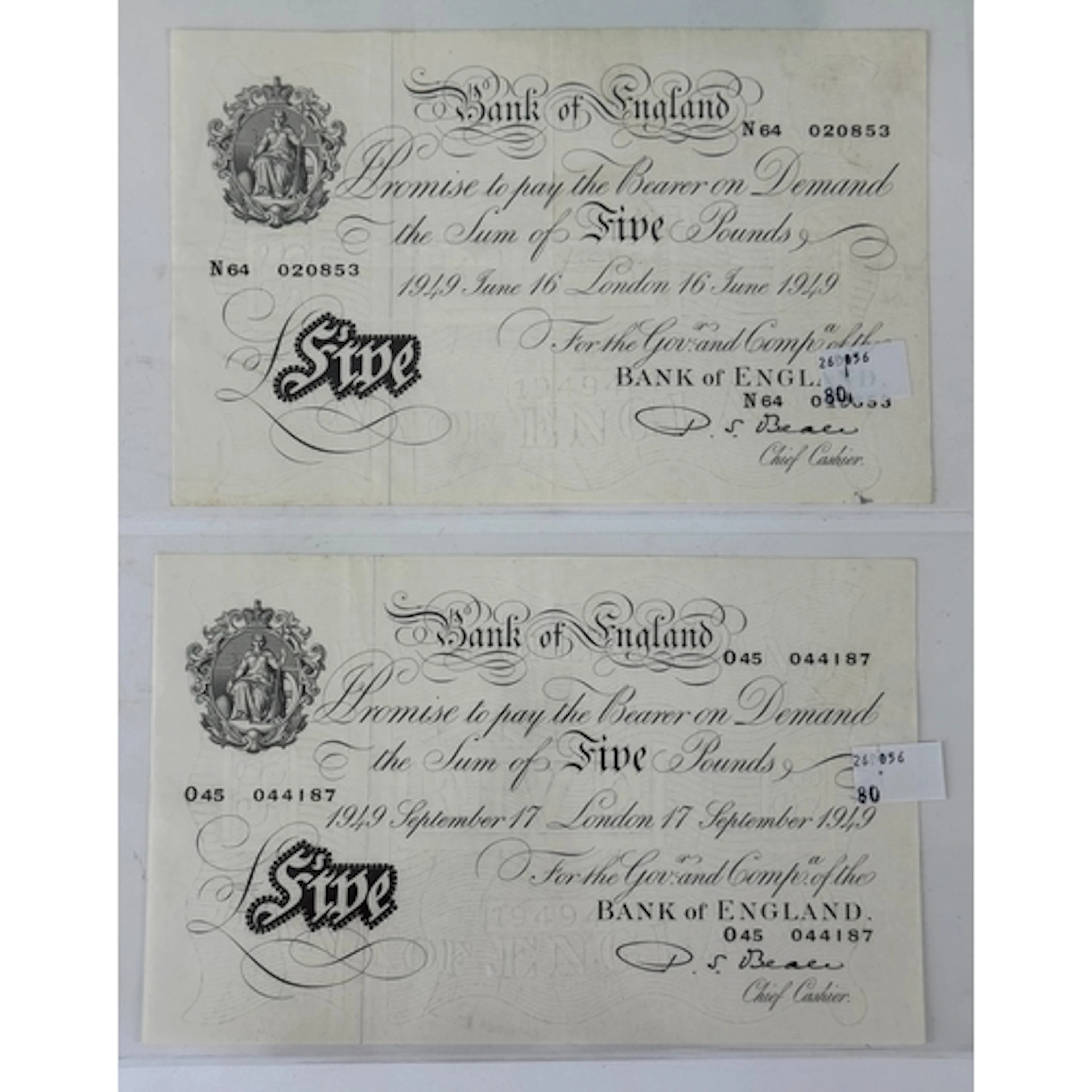 Banknotes: P S Beale £5 notes (2), 1st March 1949, serial nu...