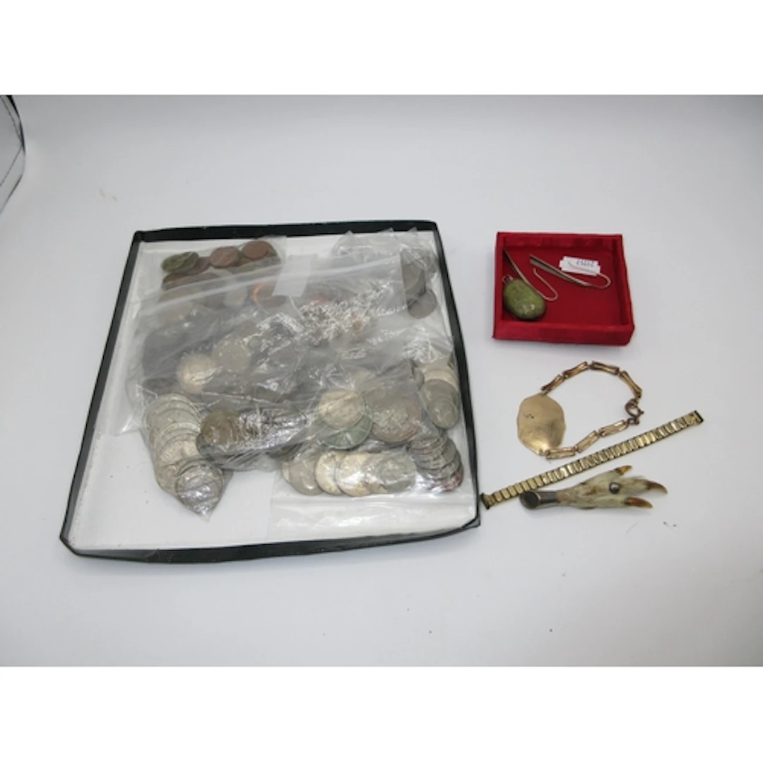 Yellow Metal ID Tag, Watch Strap, Ear Drops, 2 Brooches and ...