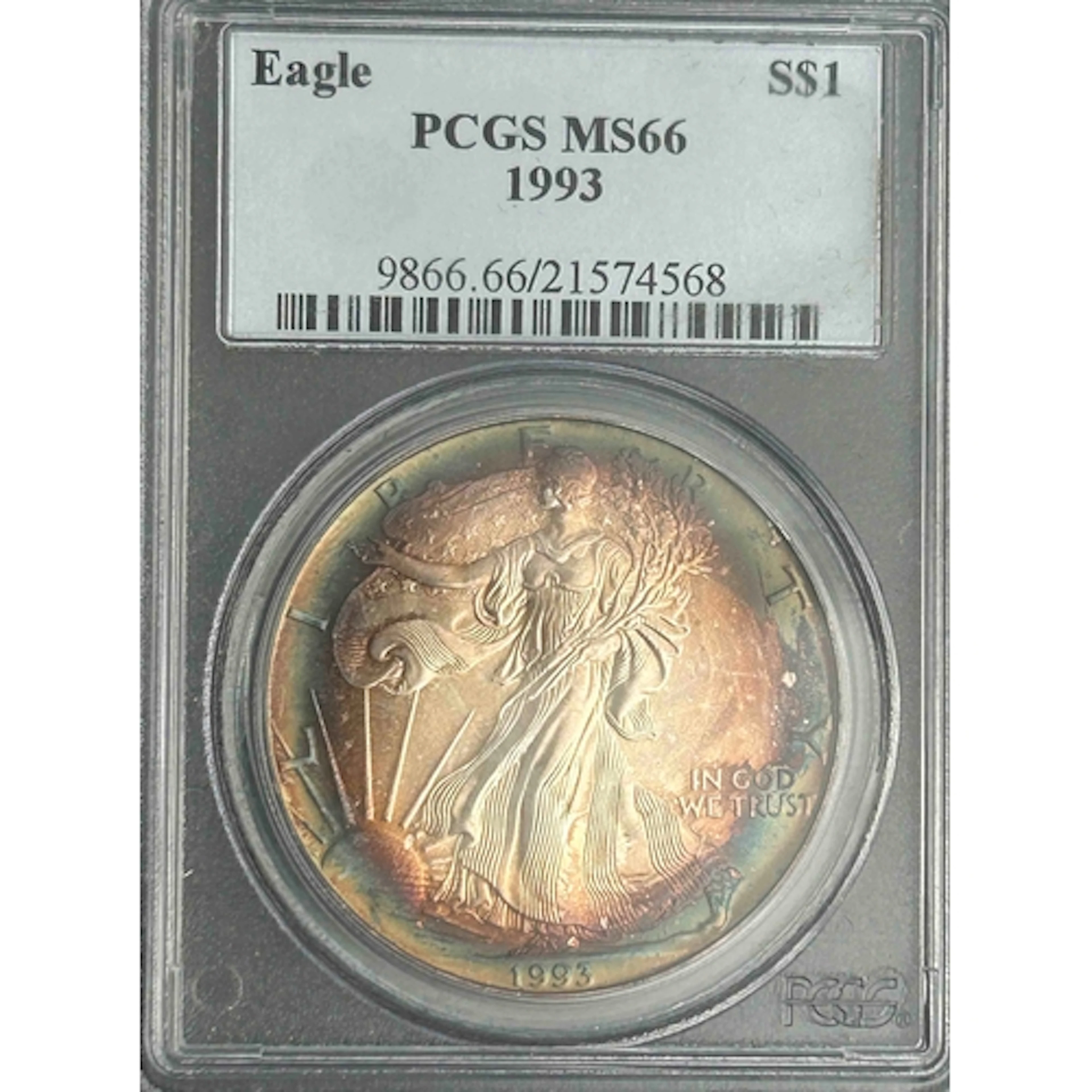 1993 USA $1 silver Eagle coin, slabbed and graded by P.C.G.S...