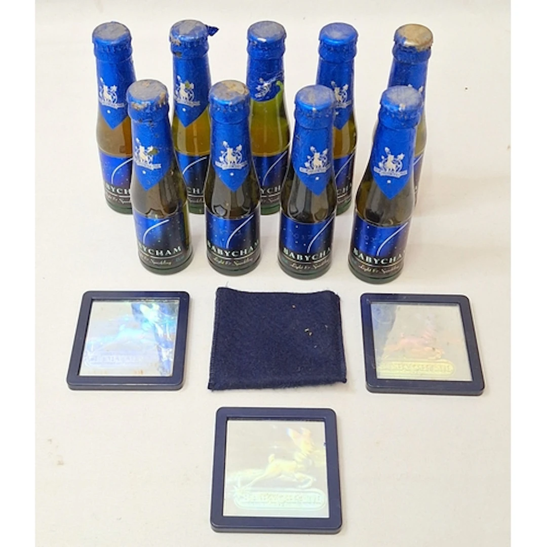Vintage Babycham 10 x 100ml Bottles & 3 Babycham mirrors