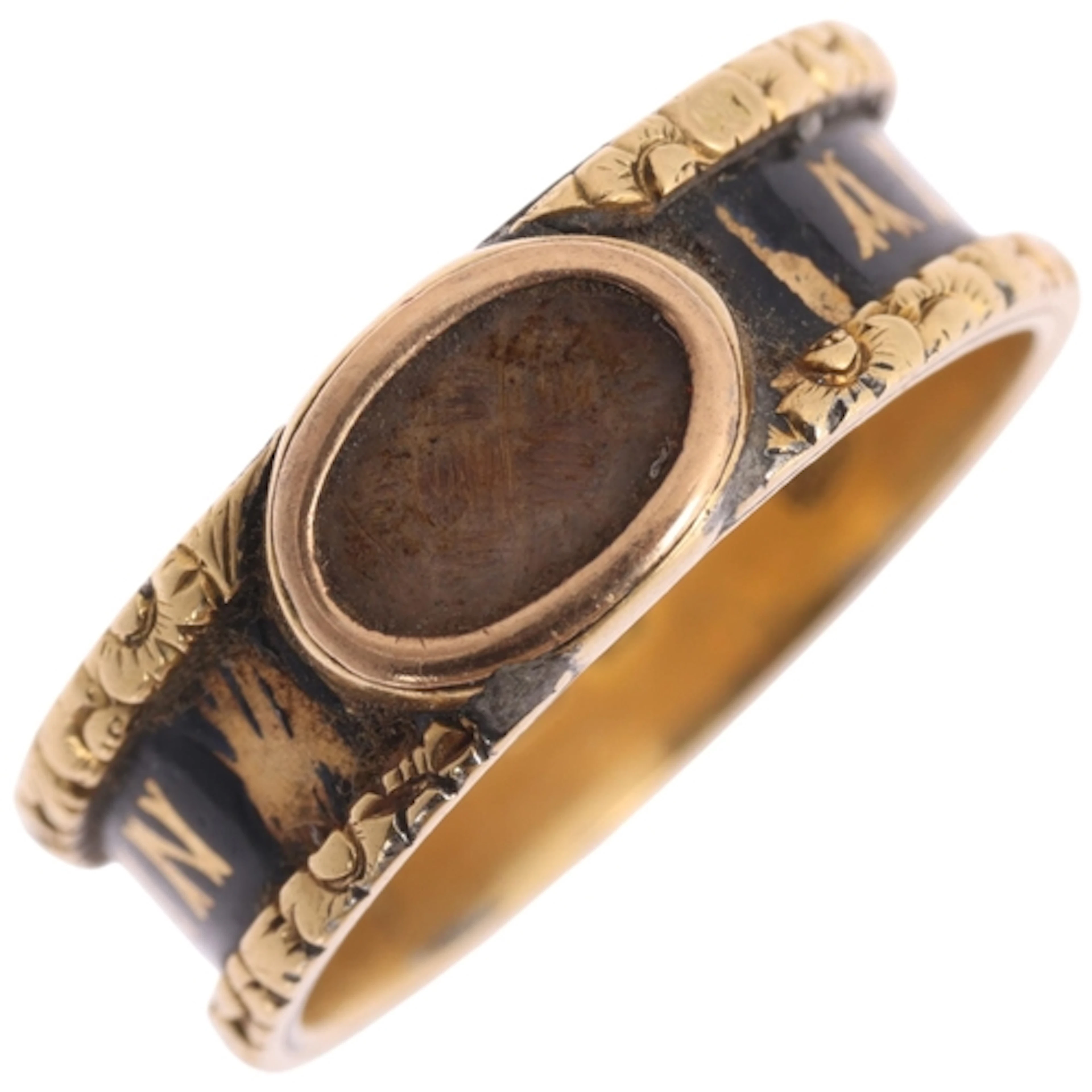 An Antique Victorian 18ct gold black enamel and hairwork mou...