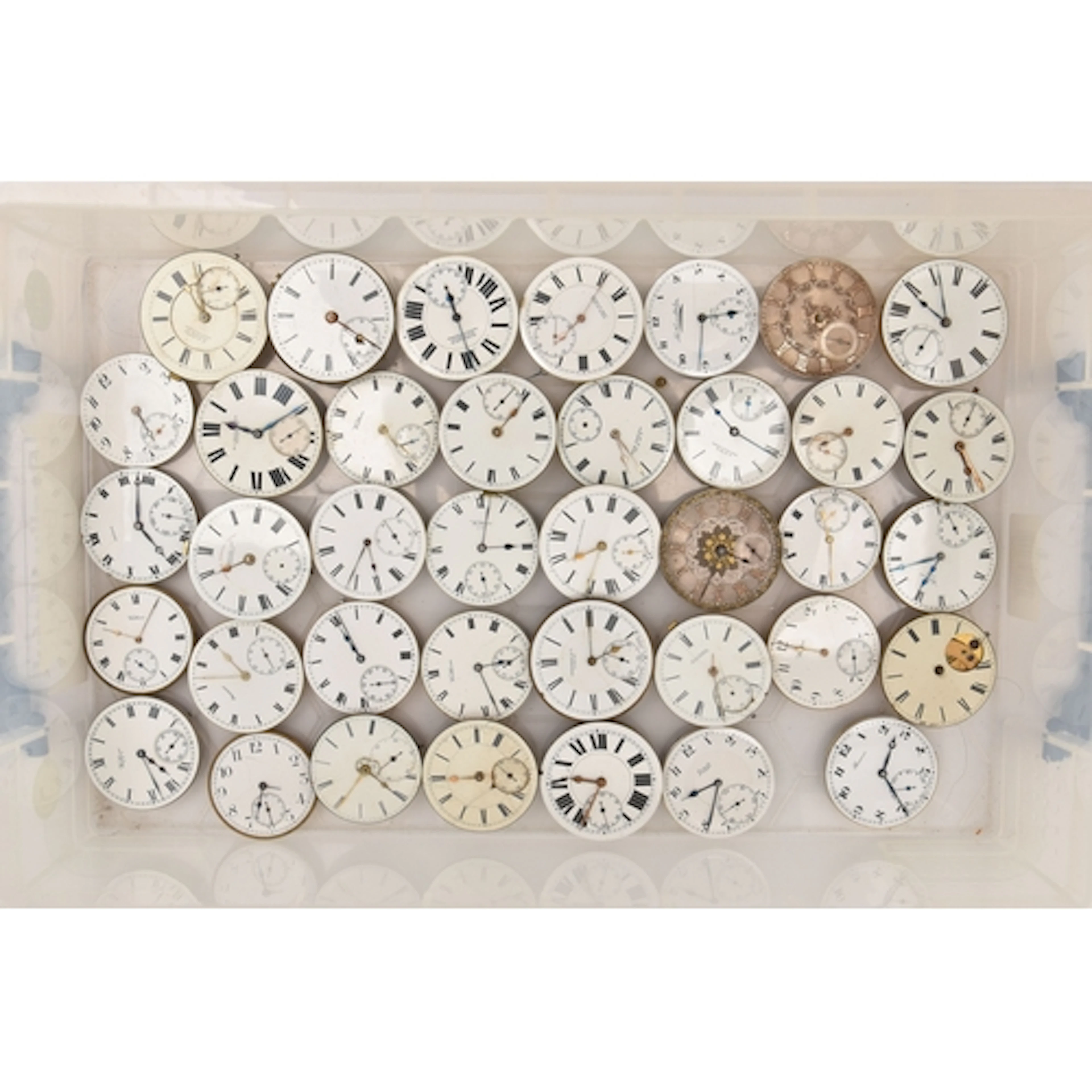 A PLASTIC BOX OF ASSORTED LOOSE POCKET WATCH MOVEMENTS, thir...