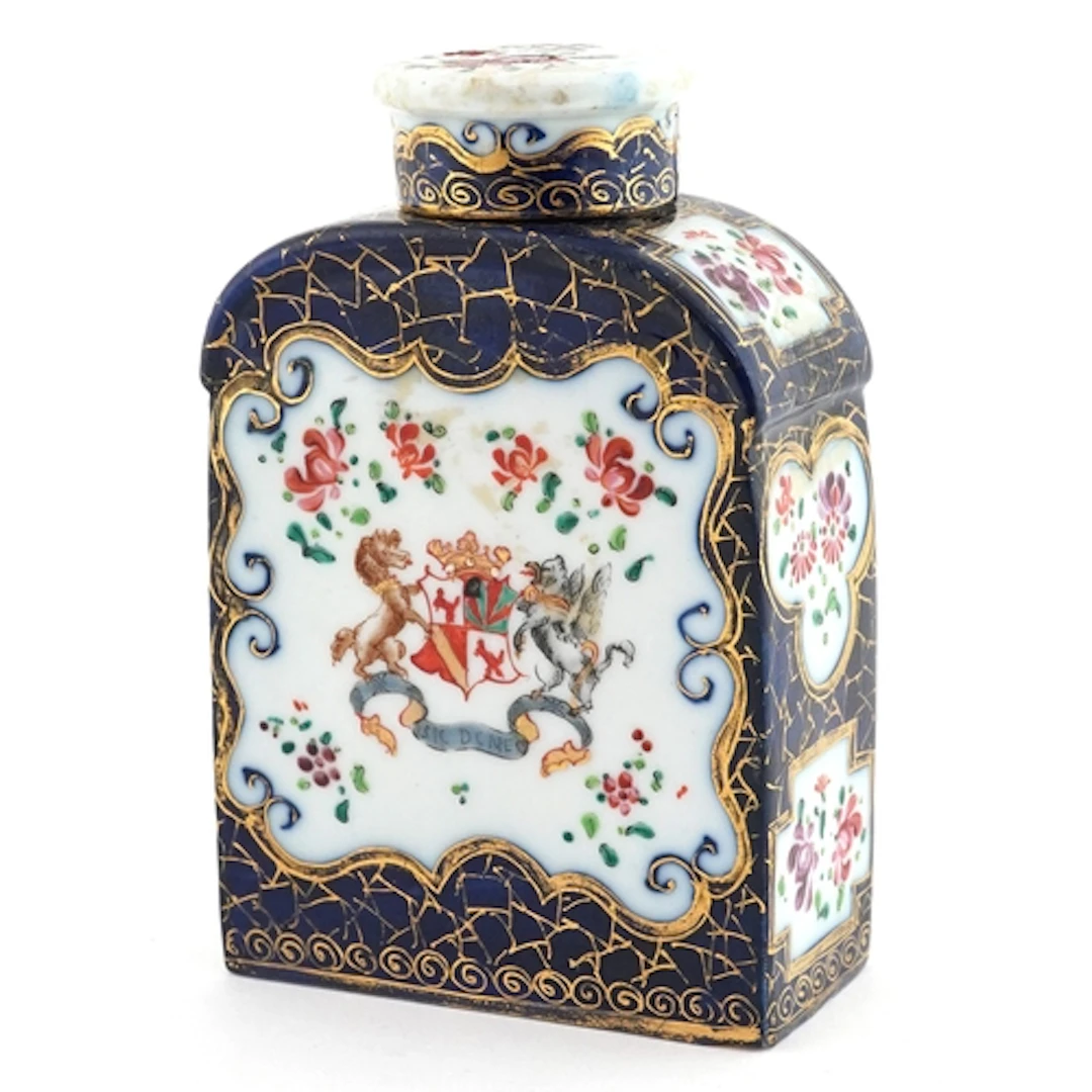 19th-century French porcelain tea caddy, hand painted and gi...