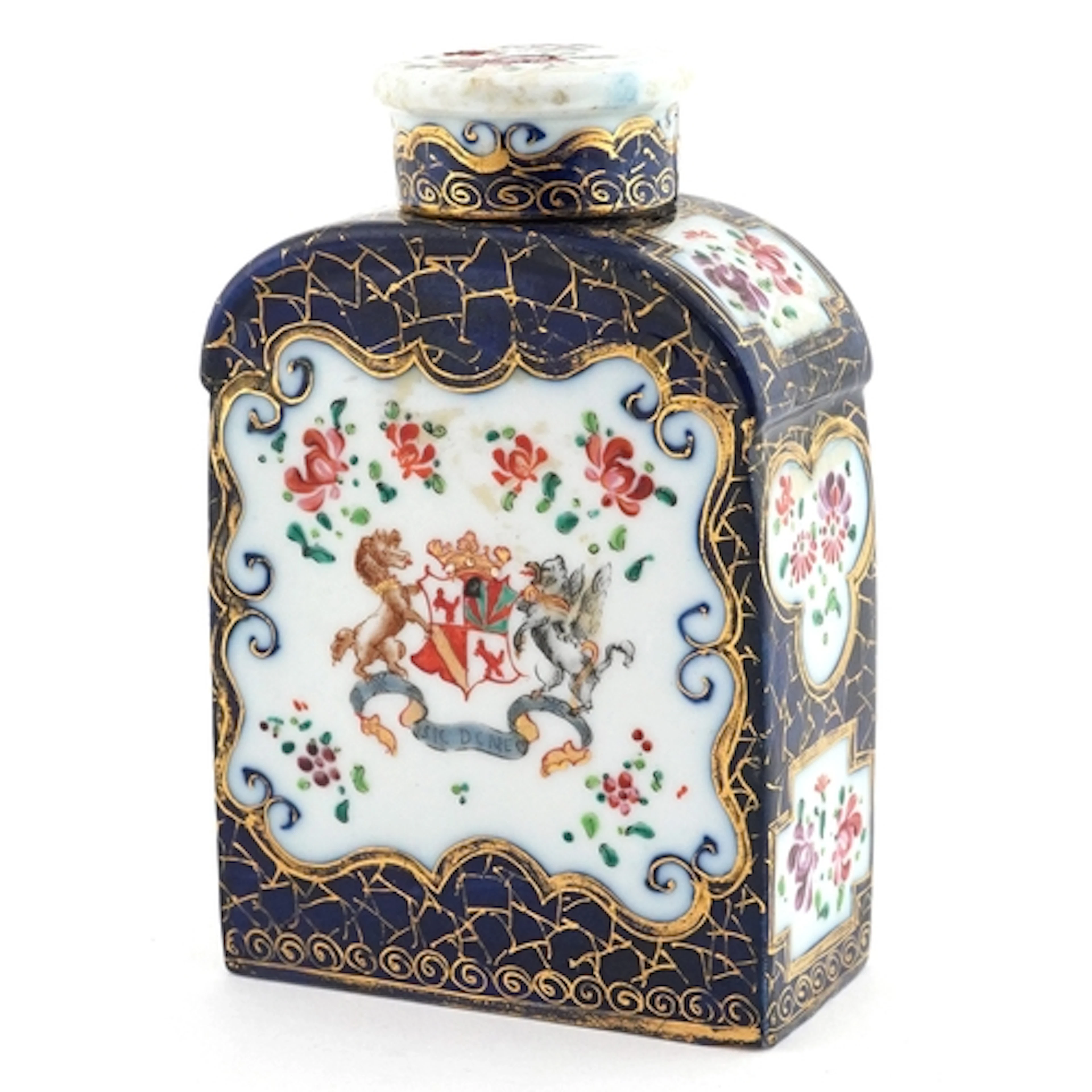 19th-century French porcelain tea caddy, hand painted and gi...