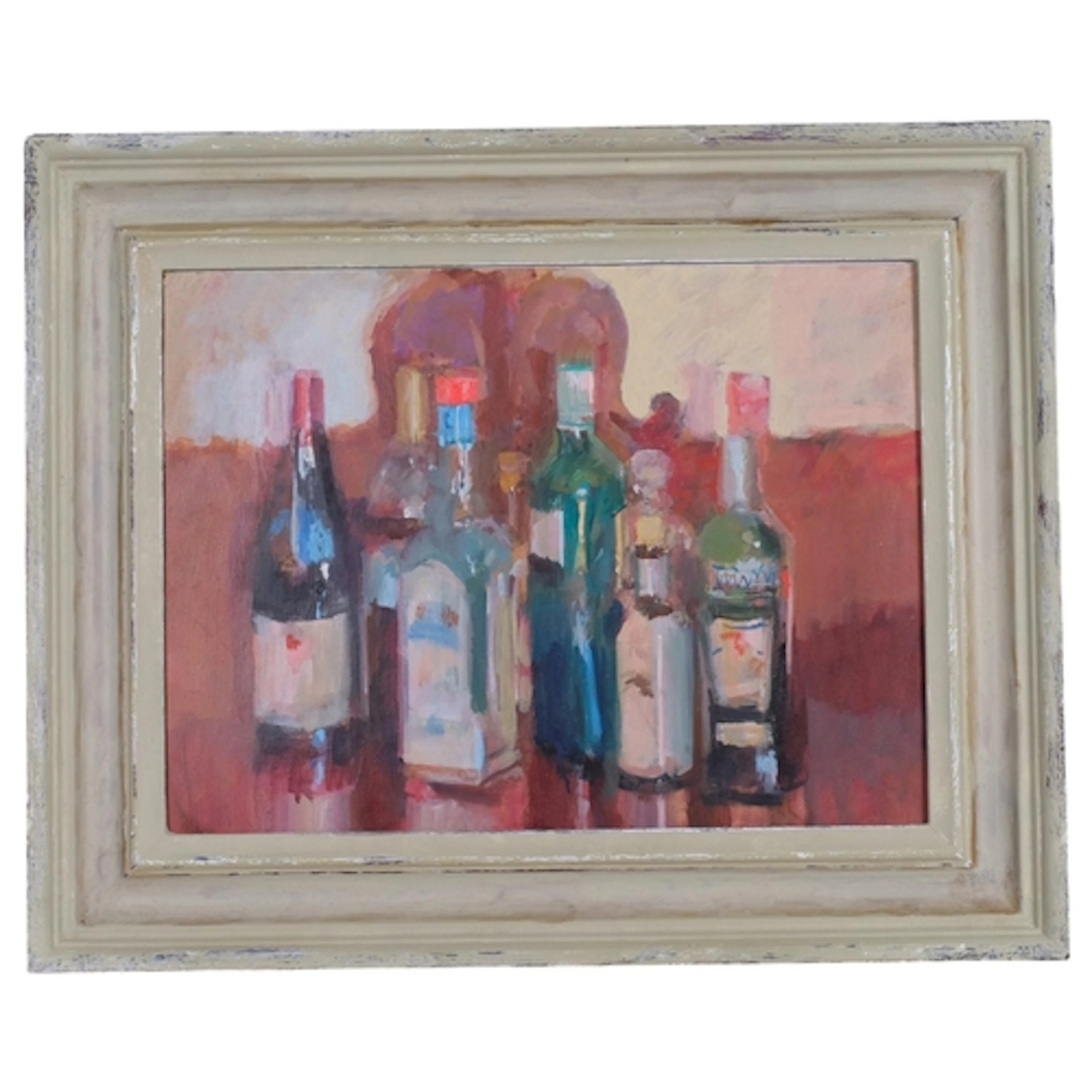 Still life, liquor bottles, late 20th century oil on board, ...