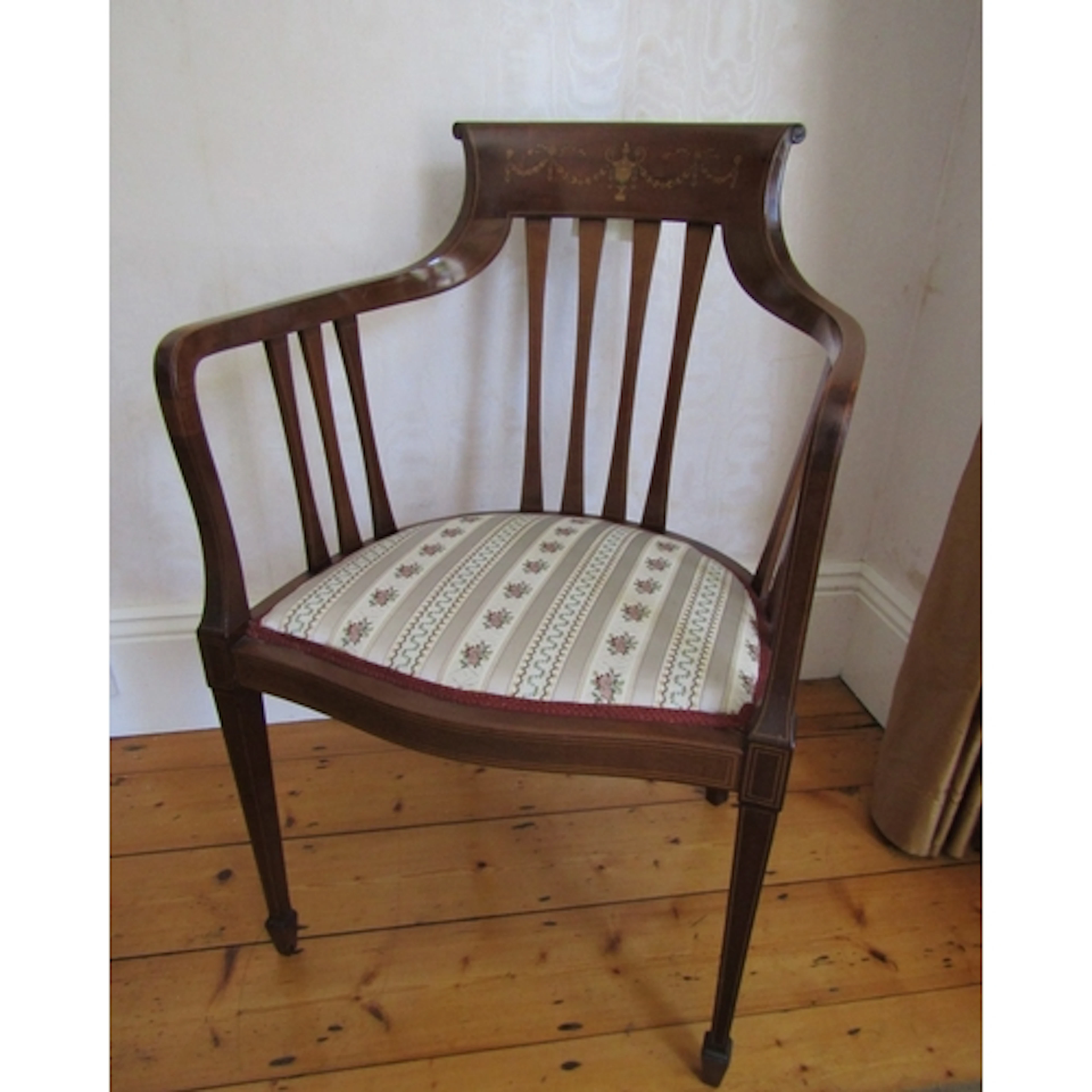 Edwardian Marquetry Decorated Armchair Upholstered Seat Abov...