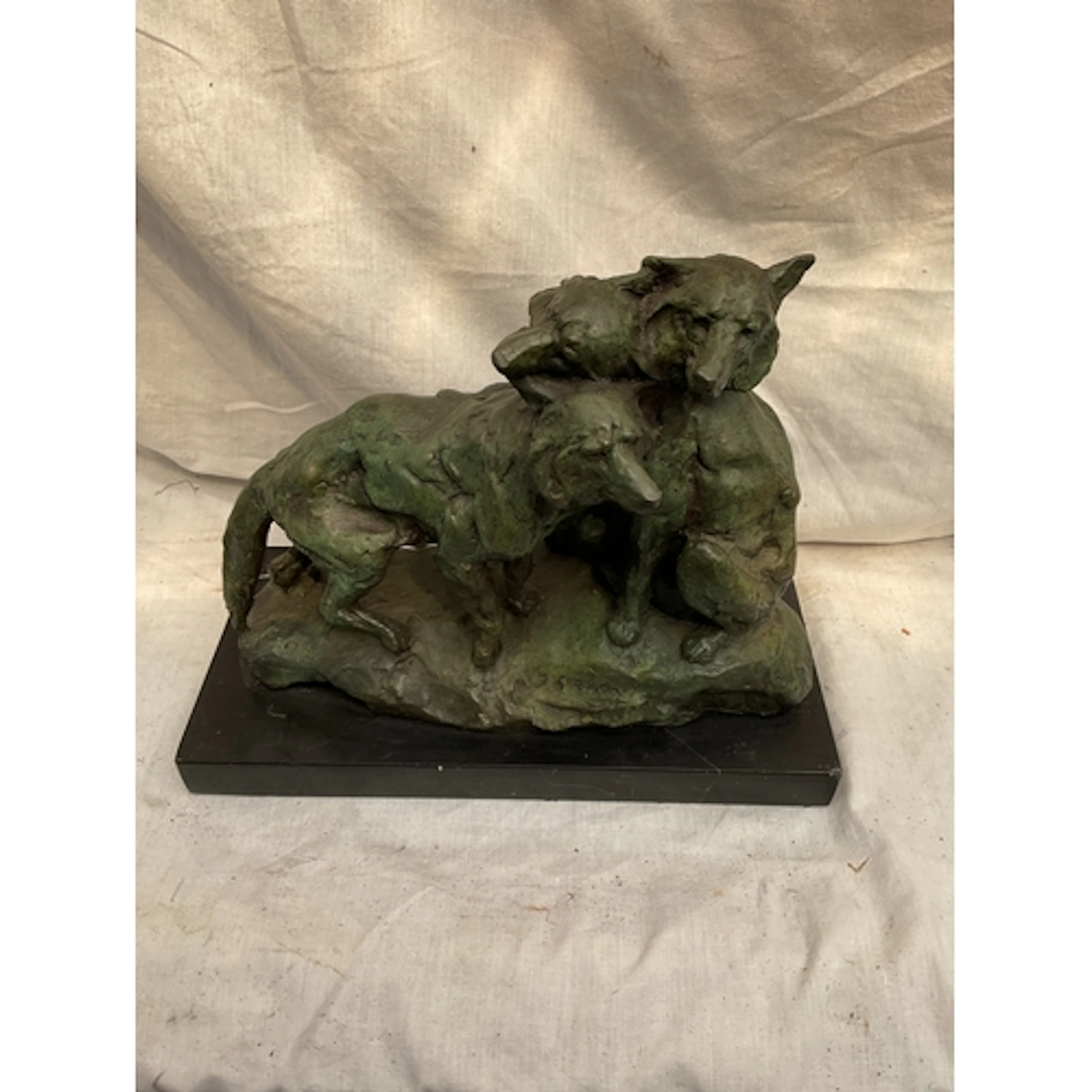 B C Zheng paginated Bronze of three Wolves, signed and on bl...