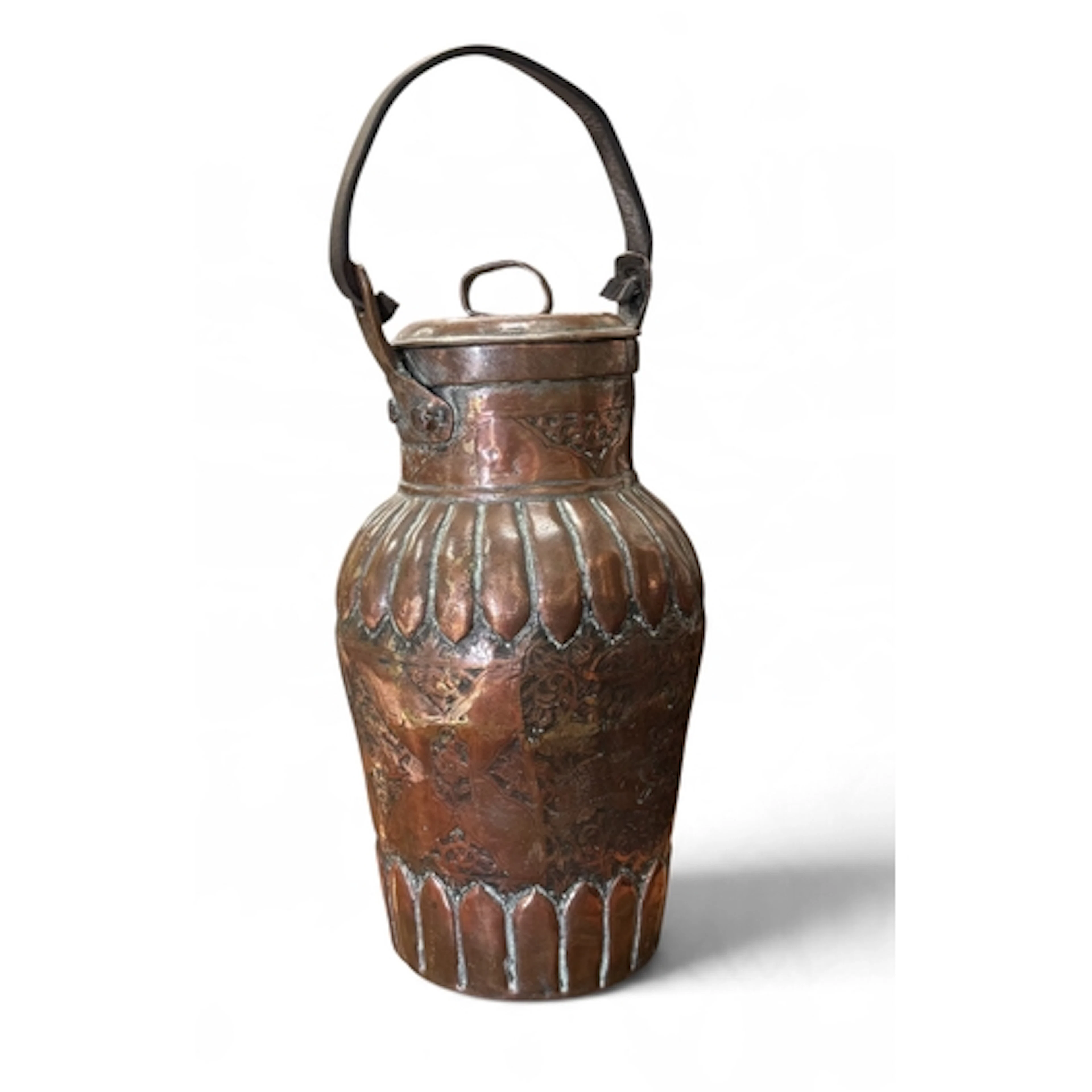 A LARGE 19TH C ISLAMIC TINNED COPPER VASE WITH SWING HANDLE ...