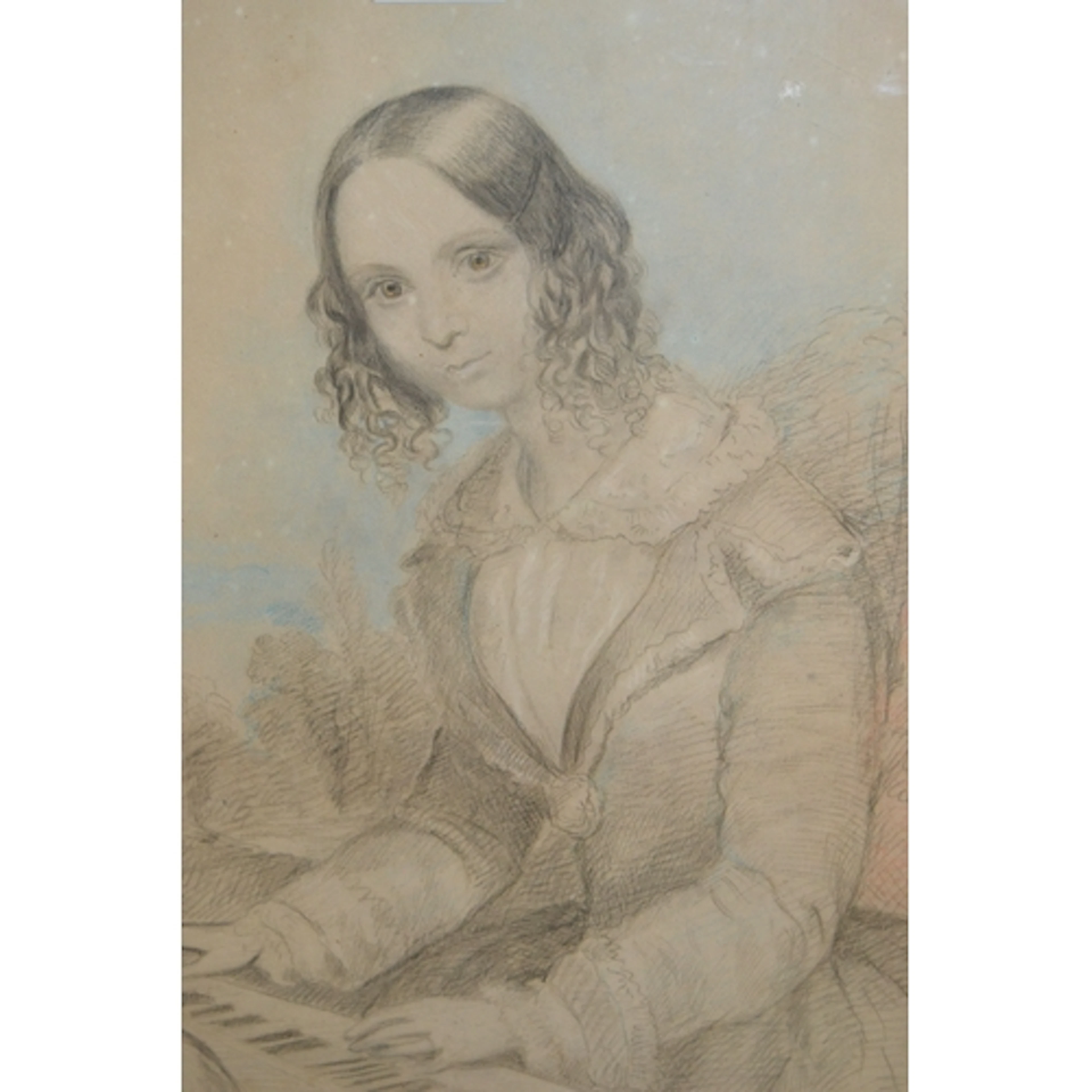 19th Century pencil drawing of a young lady playing a piano,...