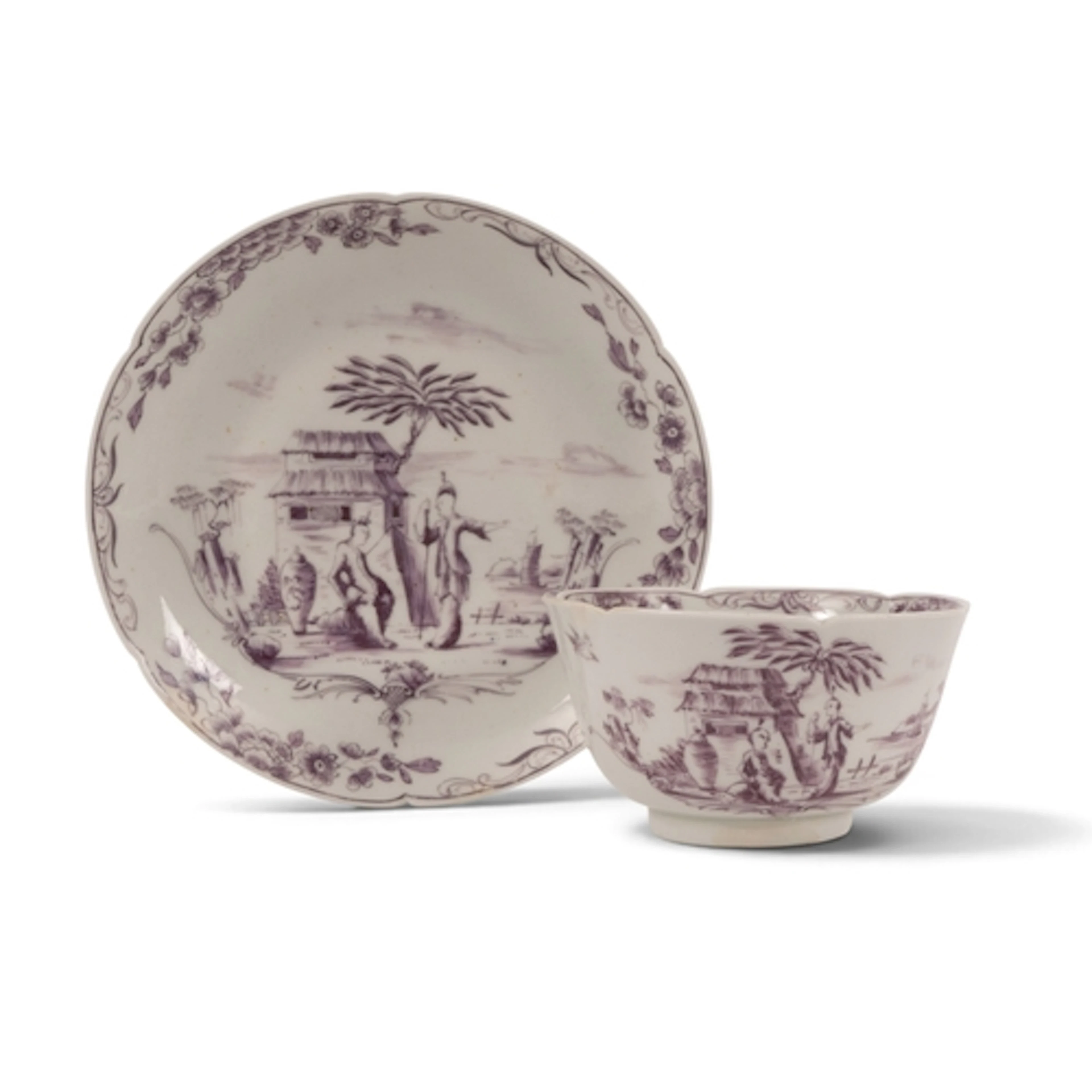 A Worcester lobed teabowl and saucer, c.1758-60, pencilled i...