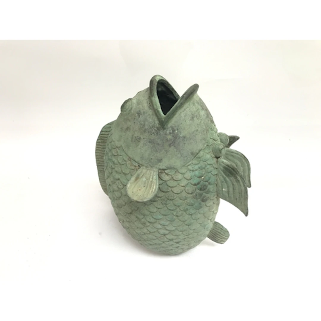 vintage green patinated bronze koi / carp fish vase. 23cm ta...
