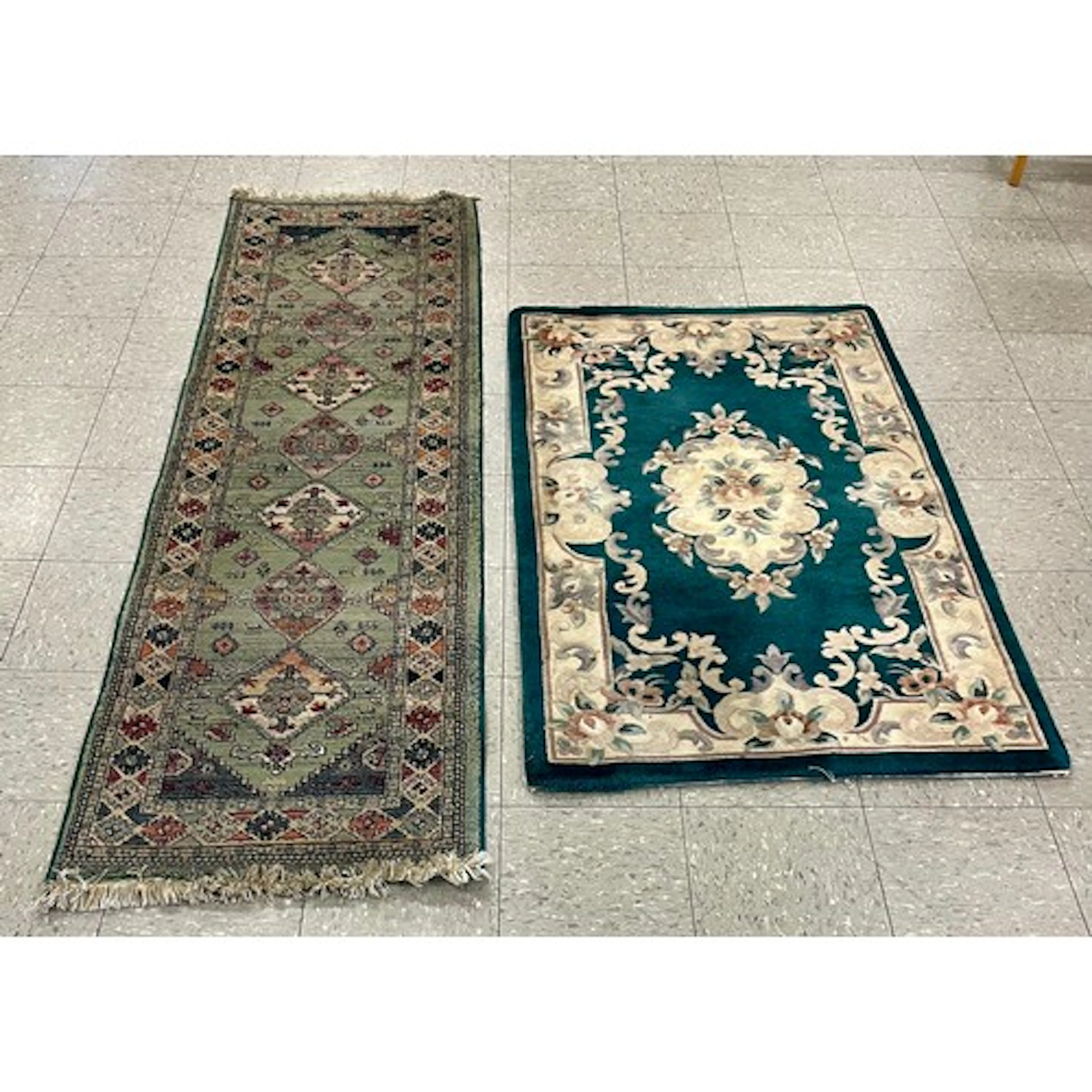 A Chinese green gound rug and a green ground runner