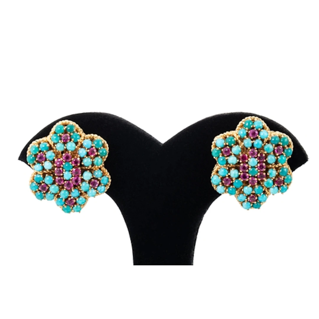 A PAIR OF C.1960S RUBY AND TURQUOISE CLUSTER EARRINGS, of fl...