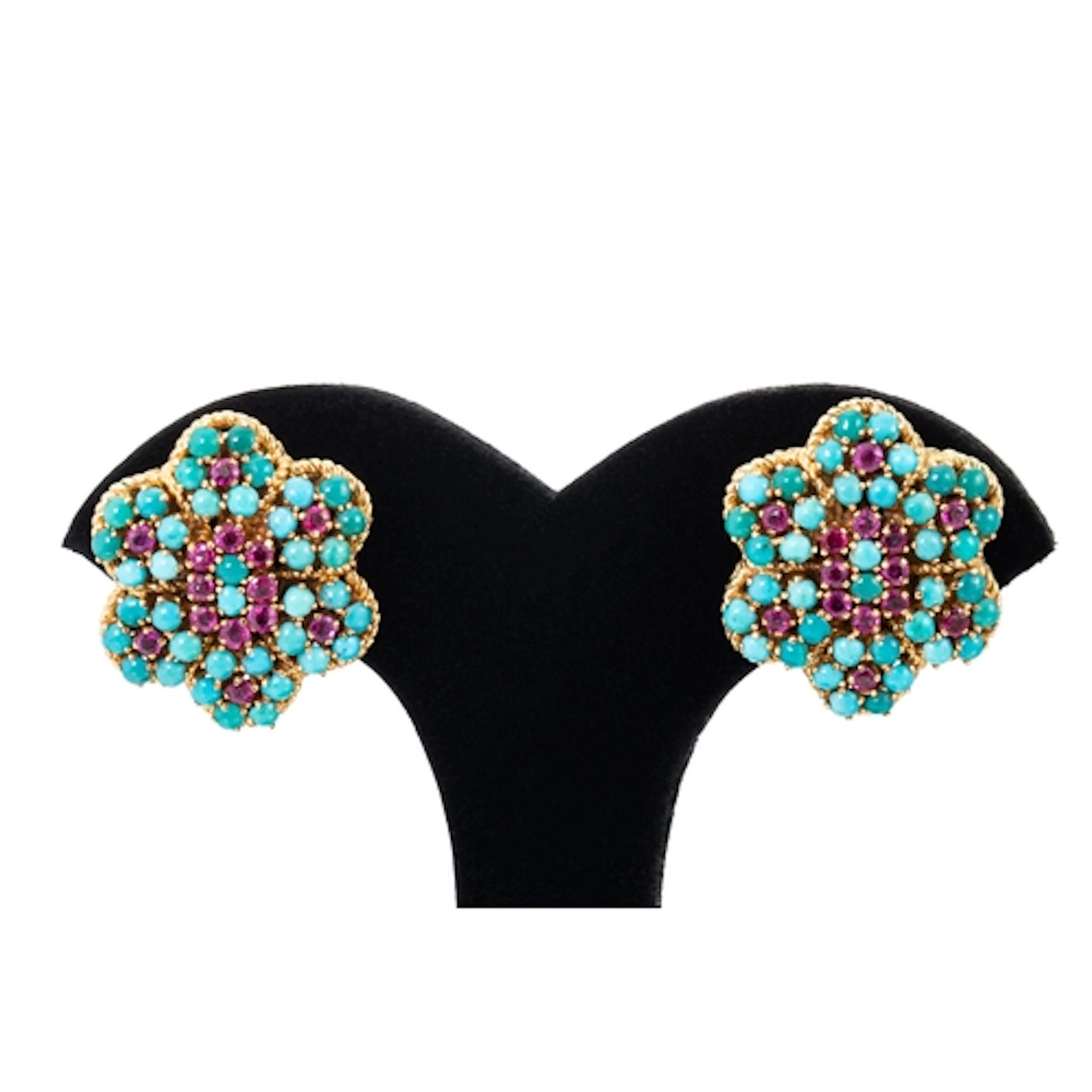 A PAIR OF C.1960S RUBY AND TURQUOISE CLUSTER EARRINGS, of fl...