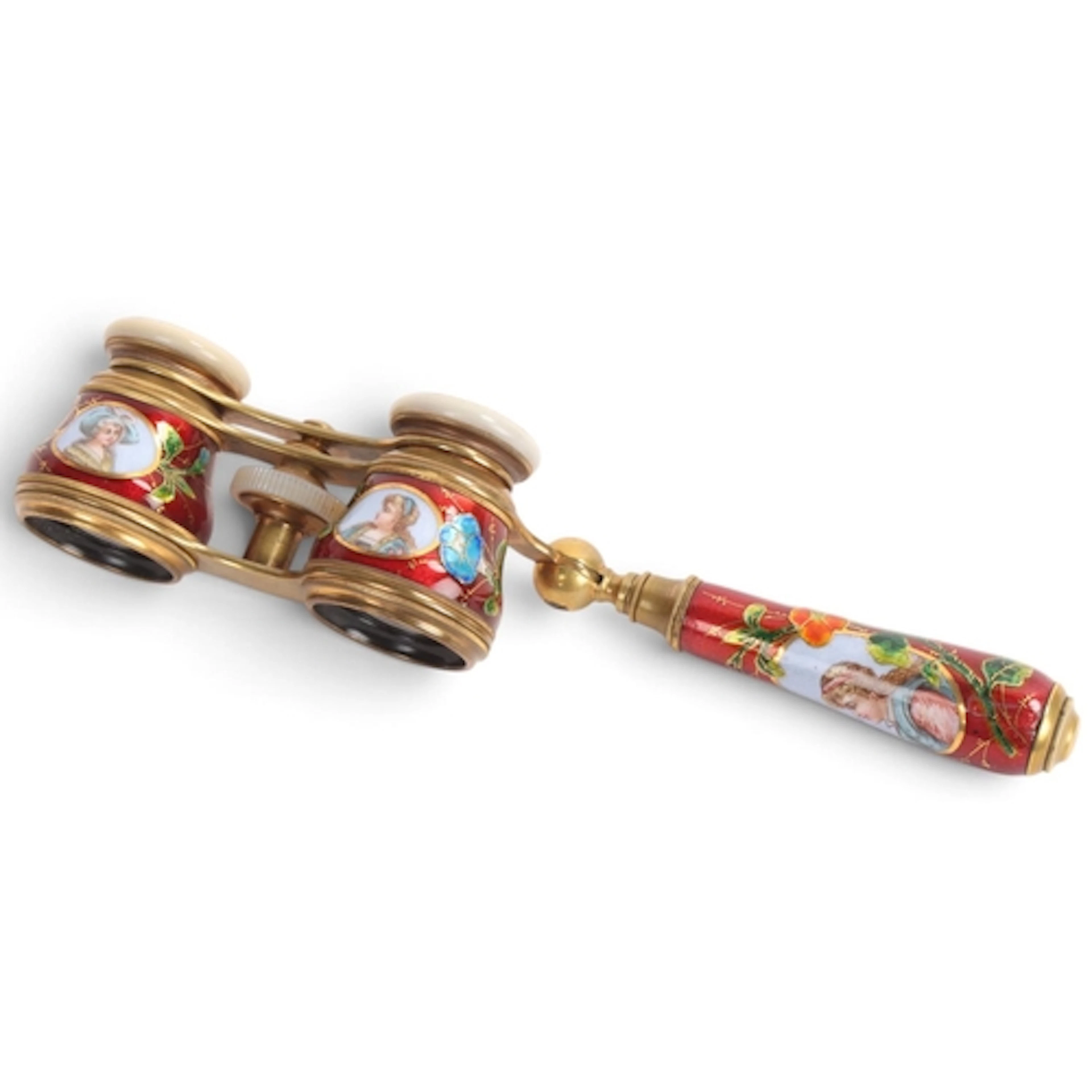 A late 19th century pair of opera glasses, red enamel barrel...