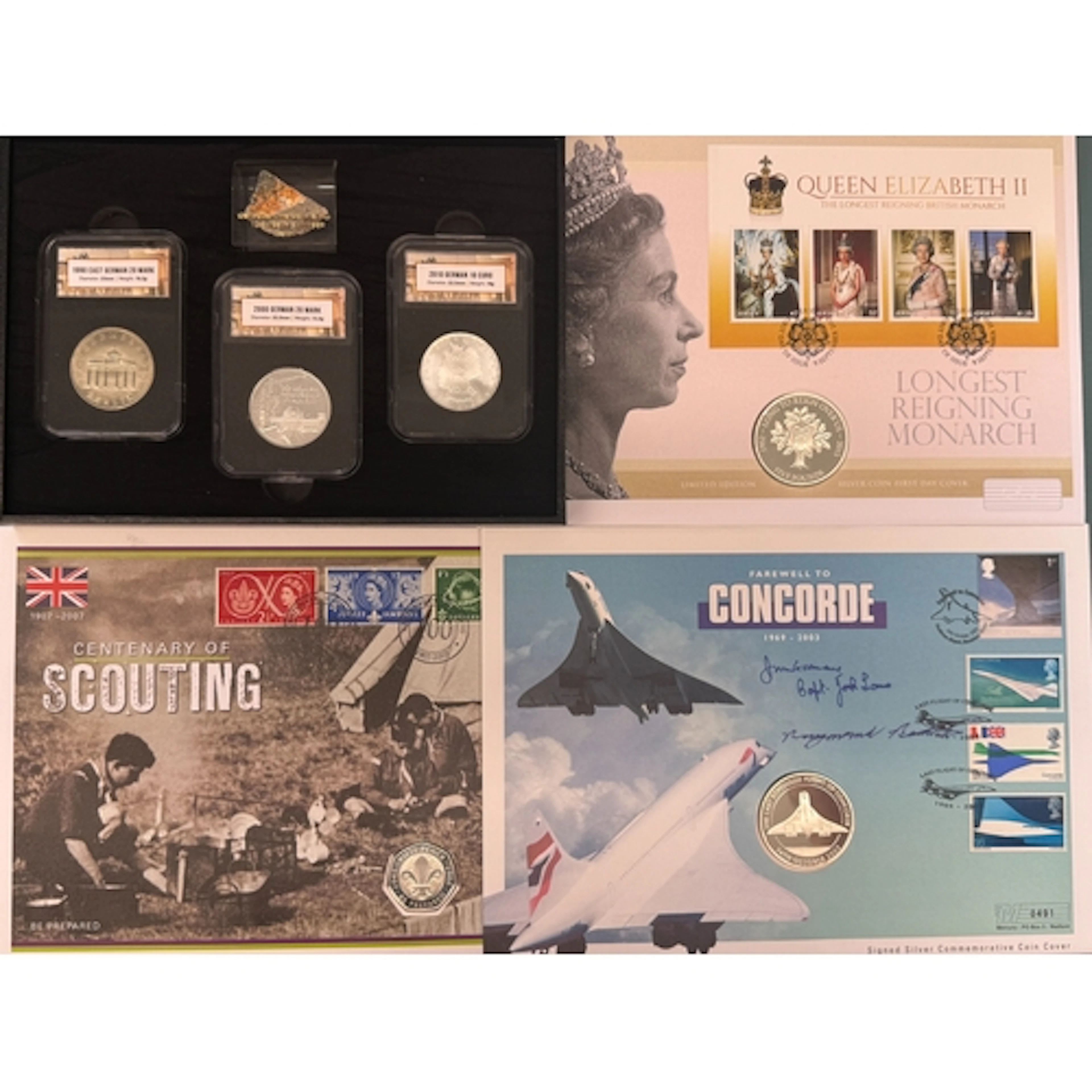 A collection of six world commemorative coins, five silver, ...