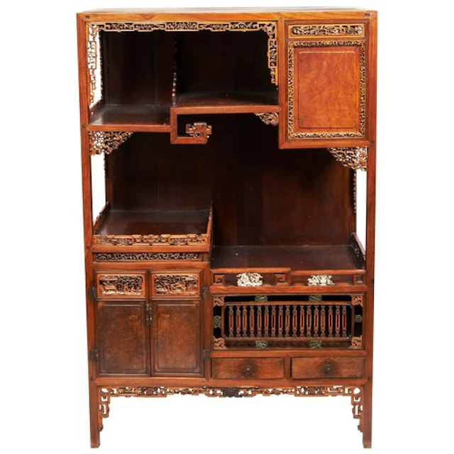 A FINE CARVED AND INLAID HARDWOOD DISPLAY CABINET 红木博古柜 with...