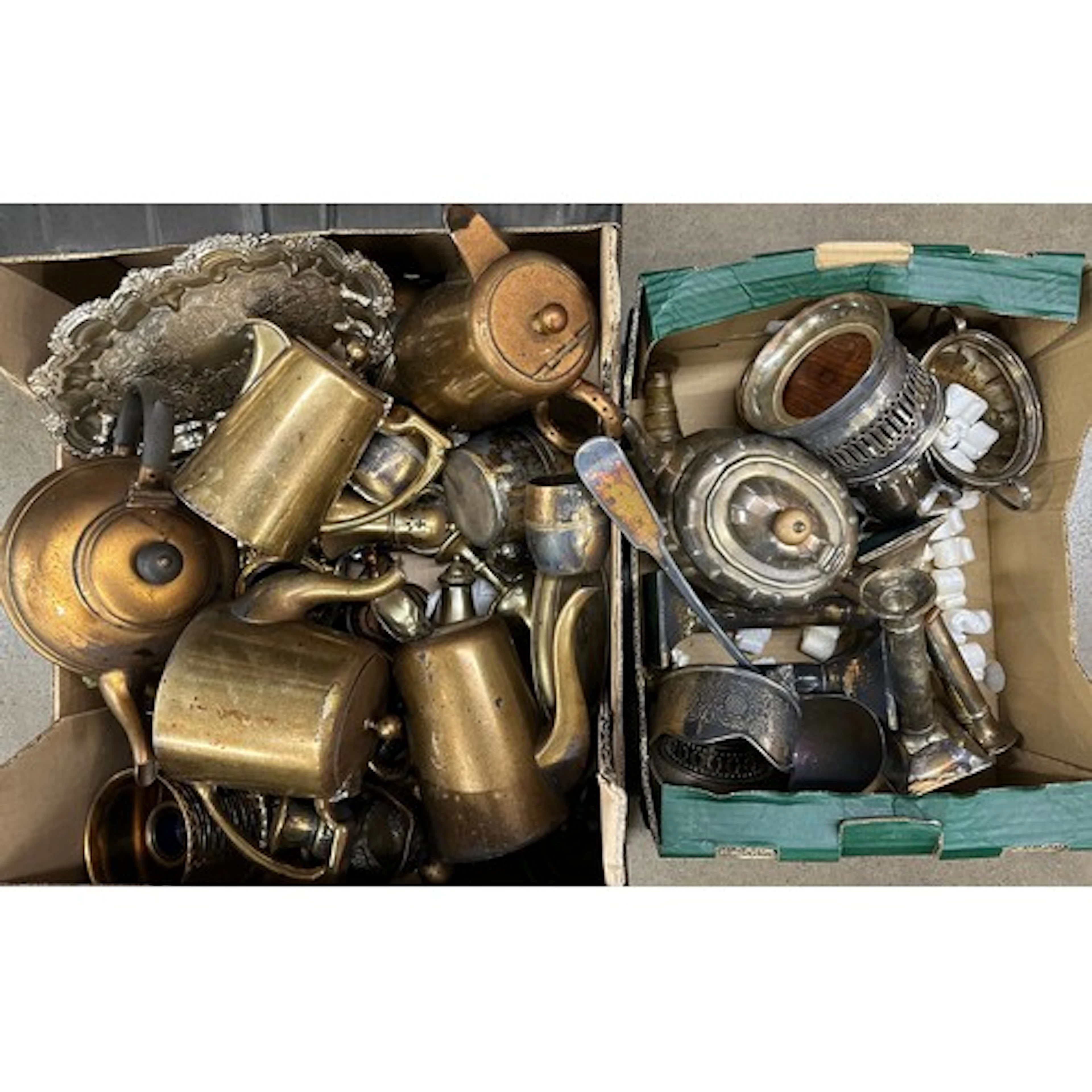 Two boxes of mixed silver plated items; teapot, candlestick,...