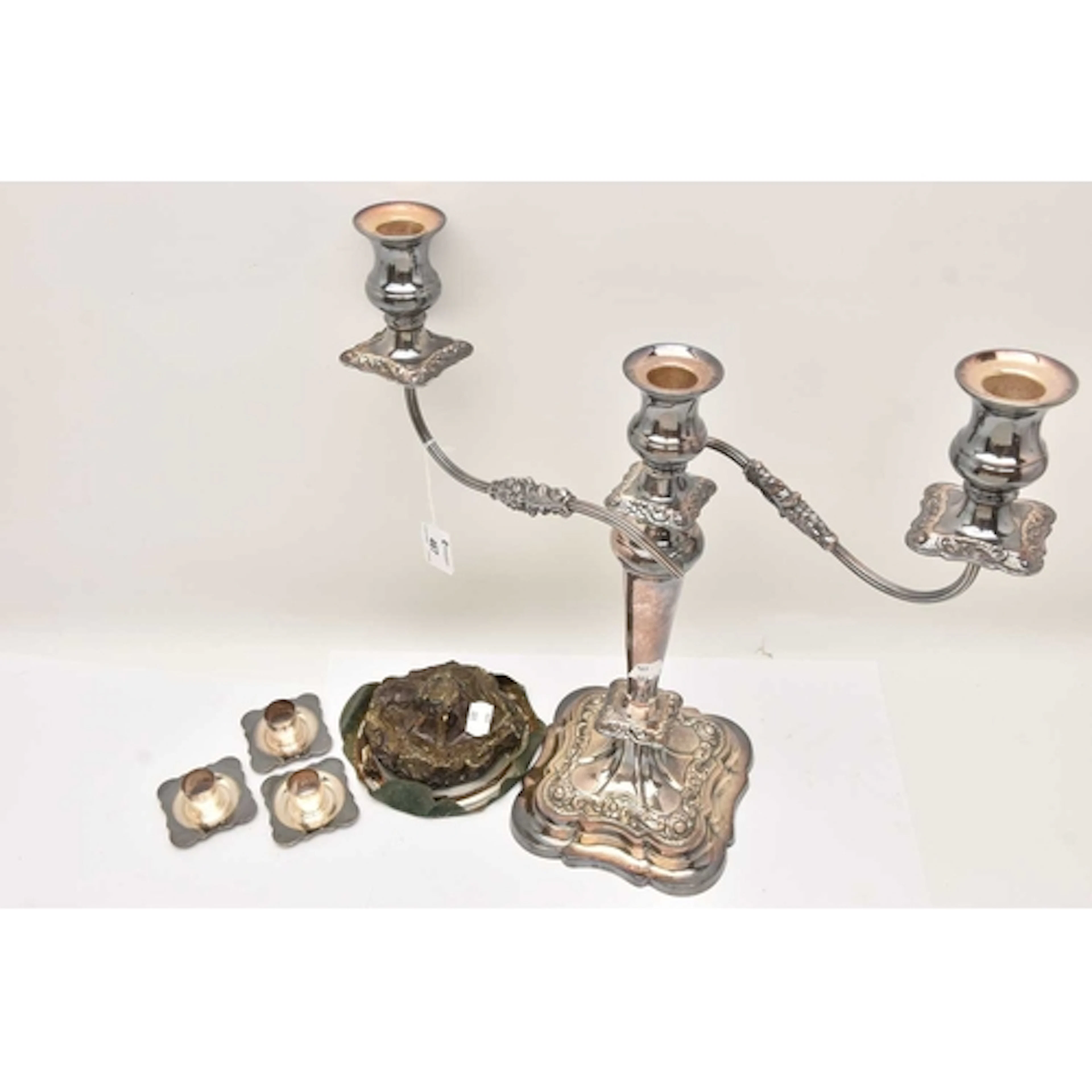 A SILVER THREE BRANCH CANDELABRA, AF the weighted base is fr...