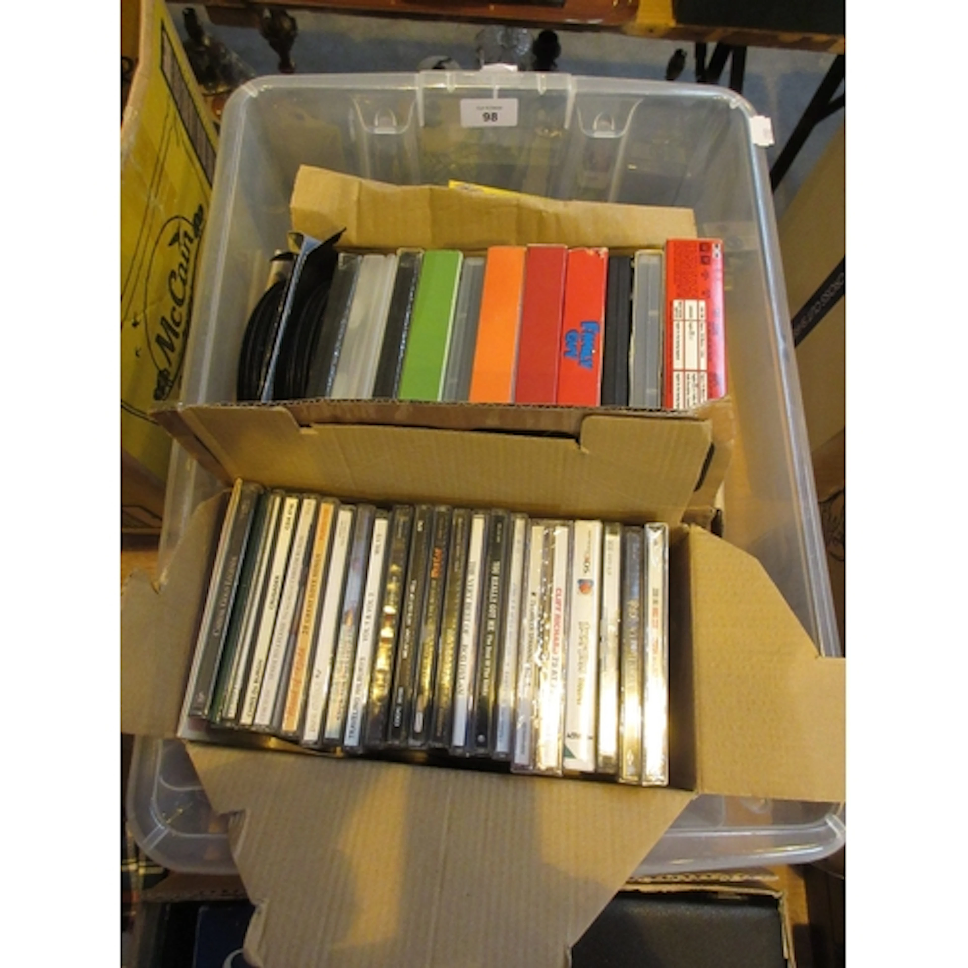 Box containing Loose Lego Pieces, Vinyl Records, Child's DVD...