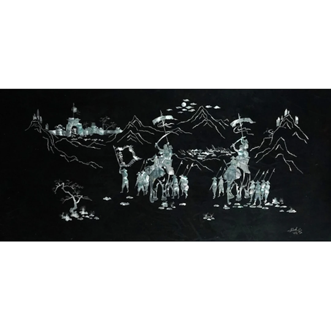 Large Asian black lacquered wall panel inlaid with mother of...