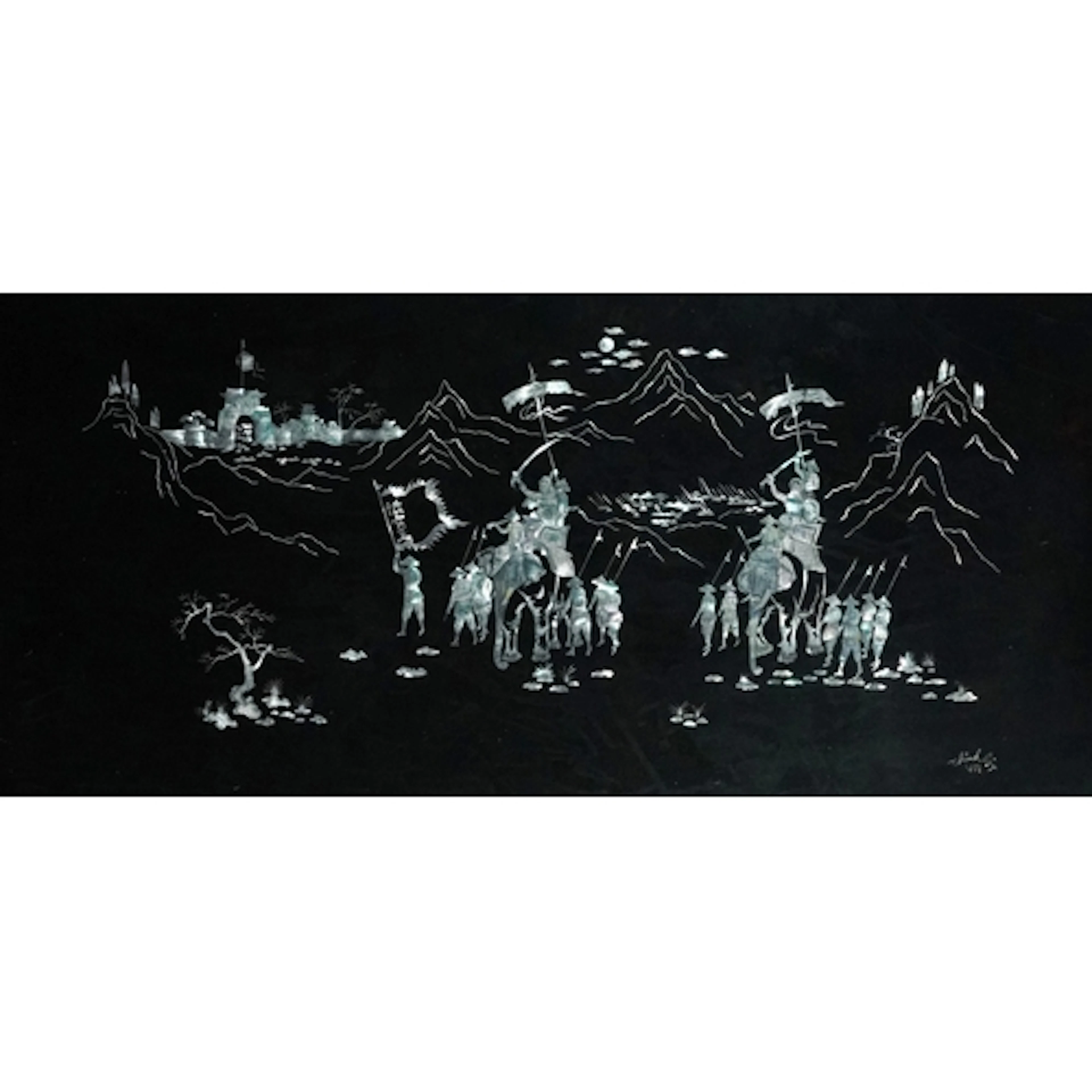 Large Asian black lacquered wall panel inlaid with mother of...