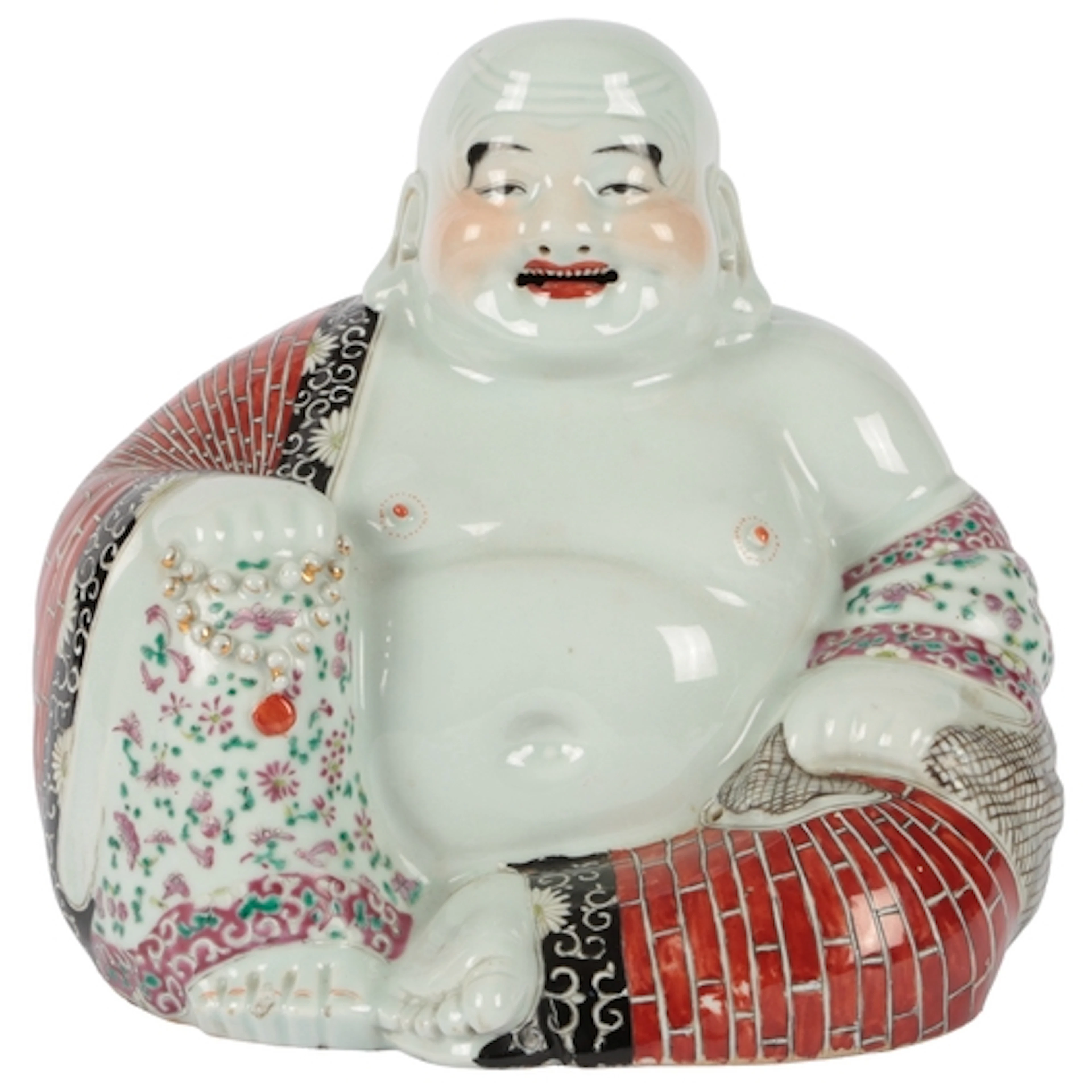 A large Chinese enamelled porcelain seated figure of Budai, ...