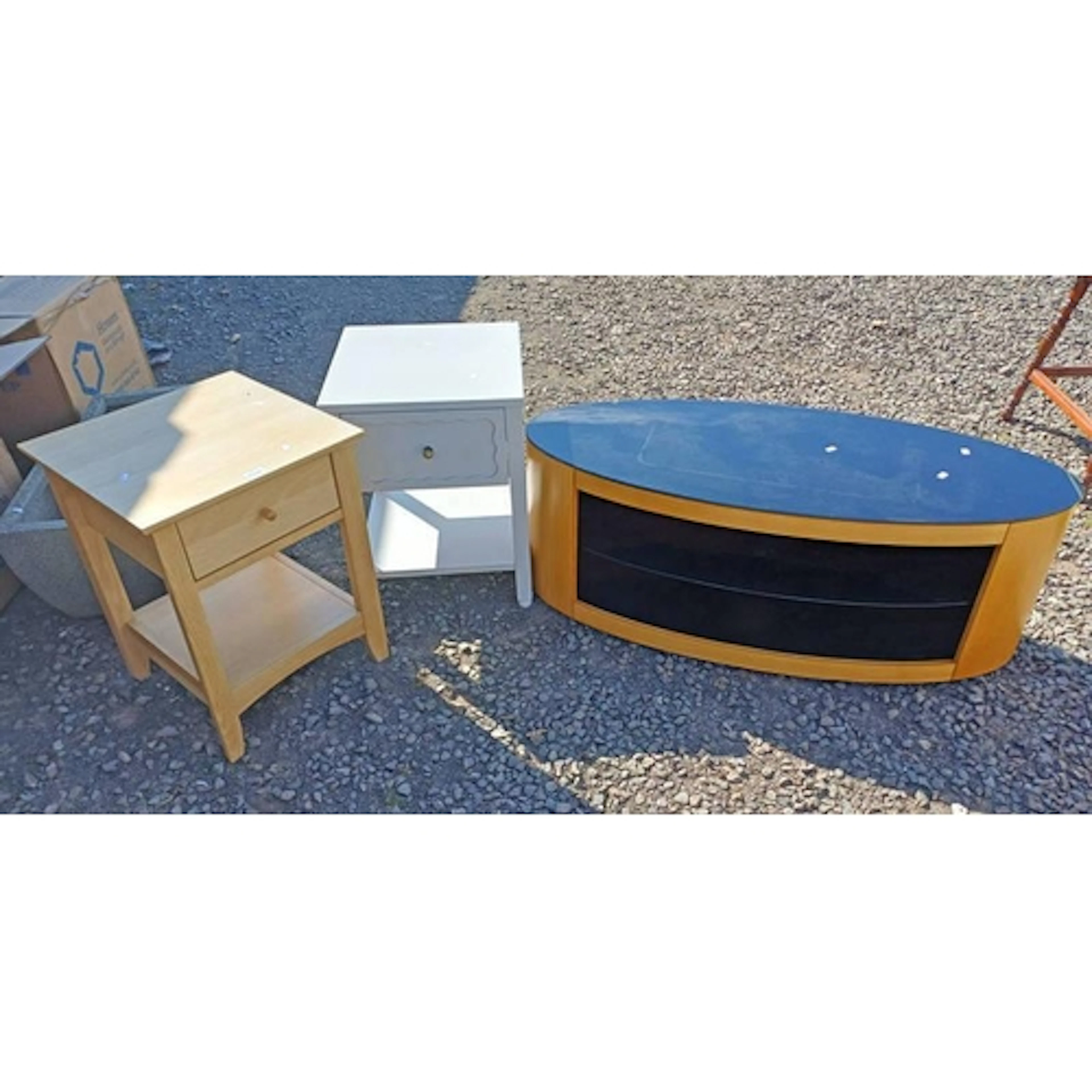 GLASS TOPPED OVAL TV STAND, OAK LAMP TABLE WITH SINGLE DRAWE...