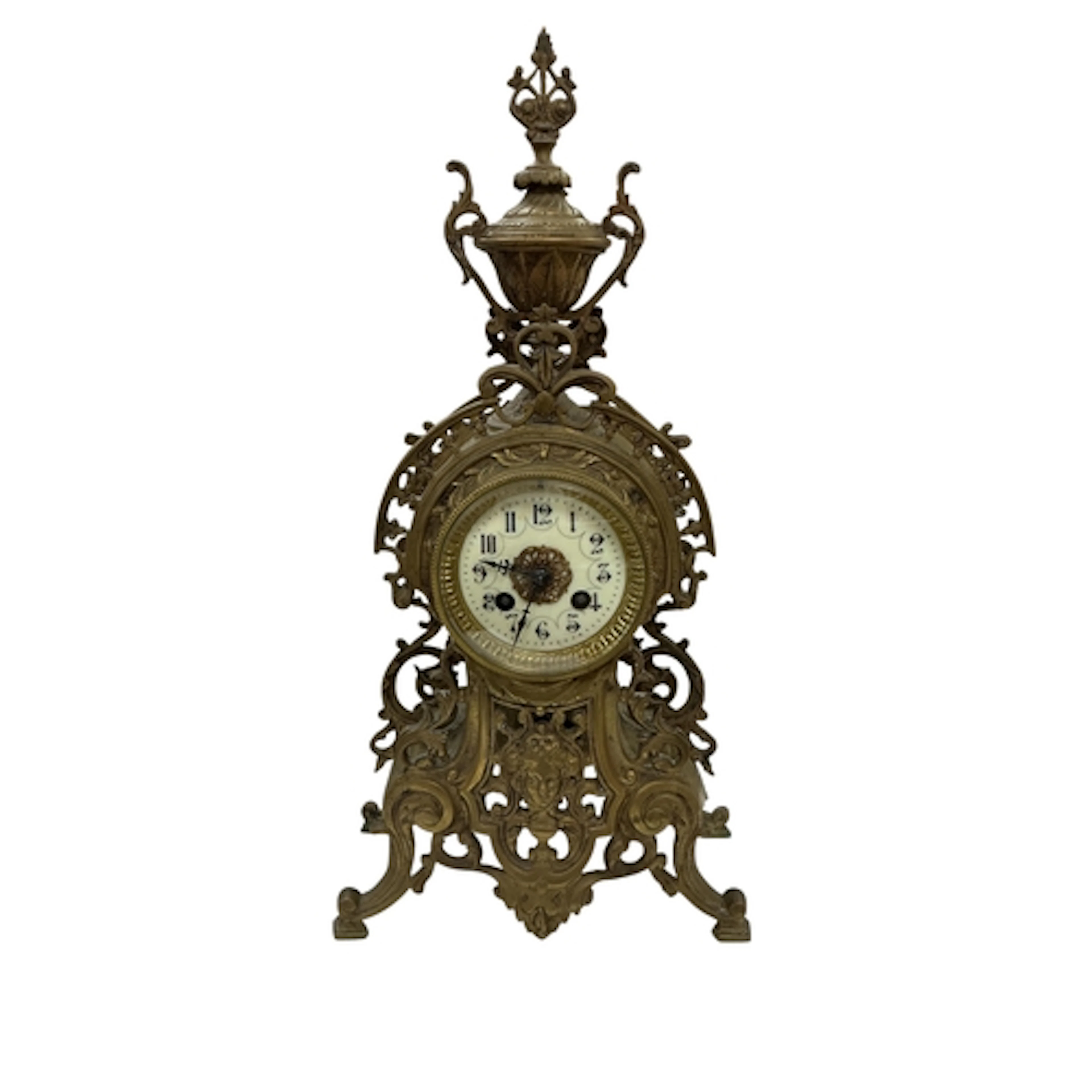 A French gilt-metal mantel clock, with pierced foliate desig...