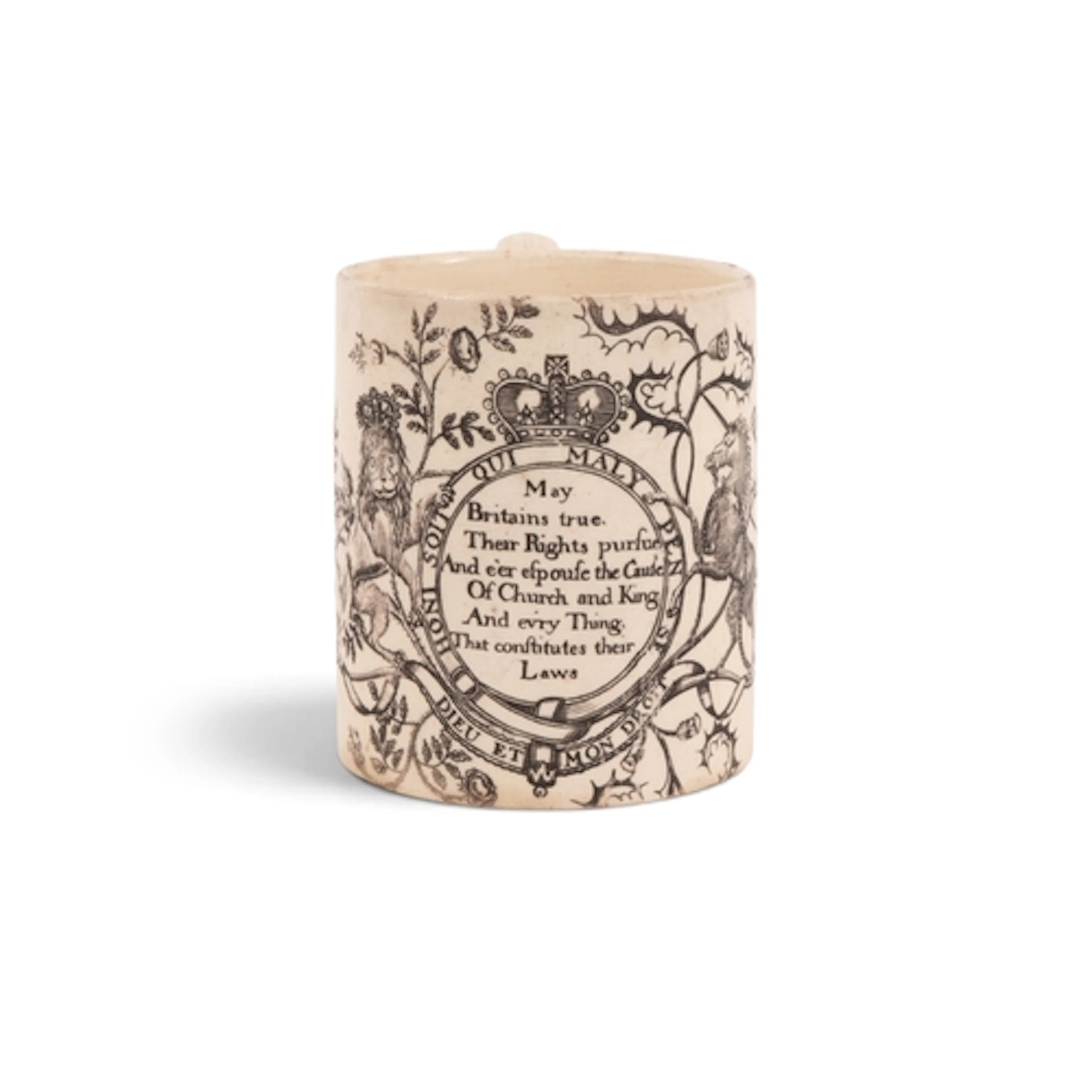 A creamware commemorative mug, c.1793, the slightly tapering...