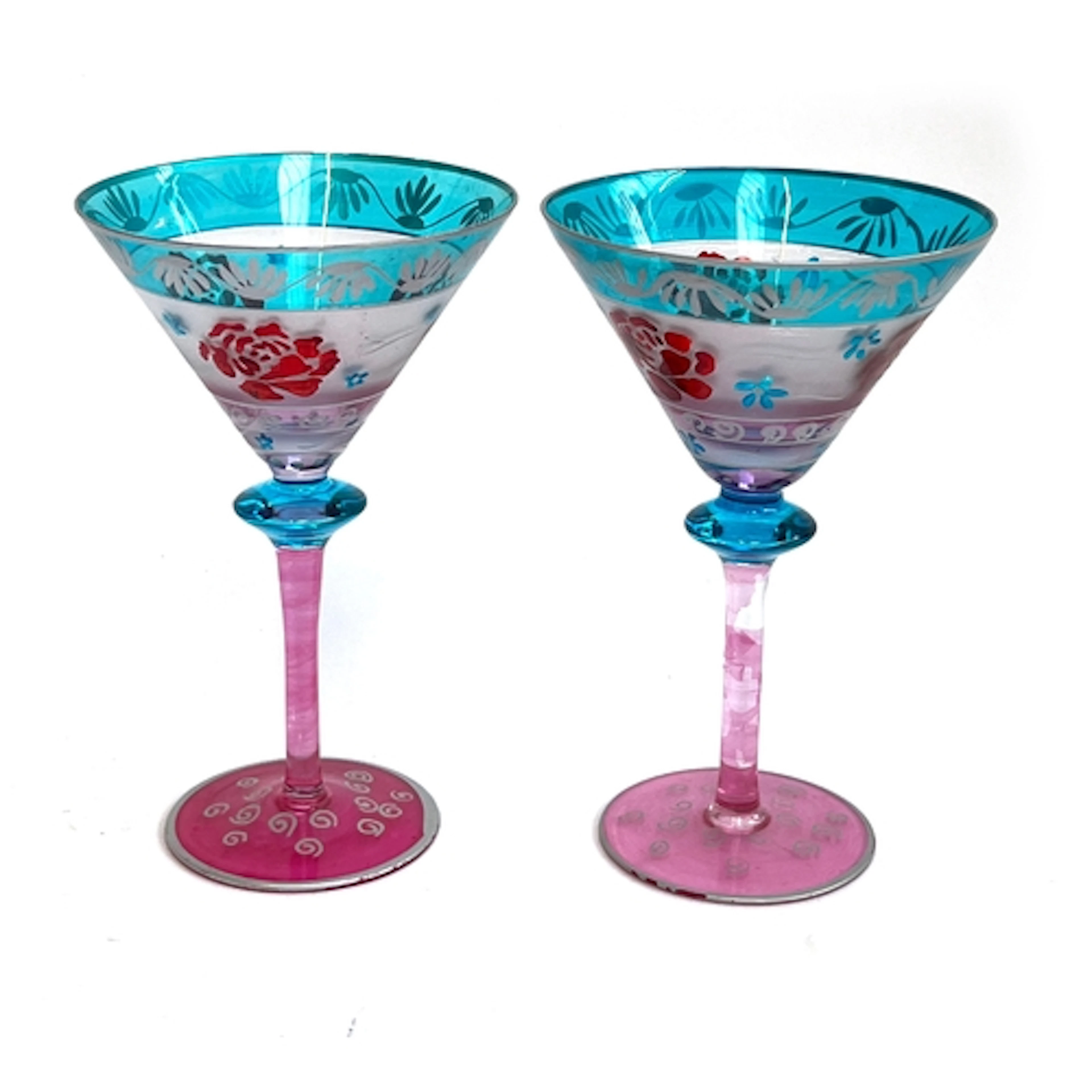 A fabulous pair of oversized handblown painted martini glass...
