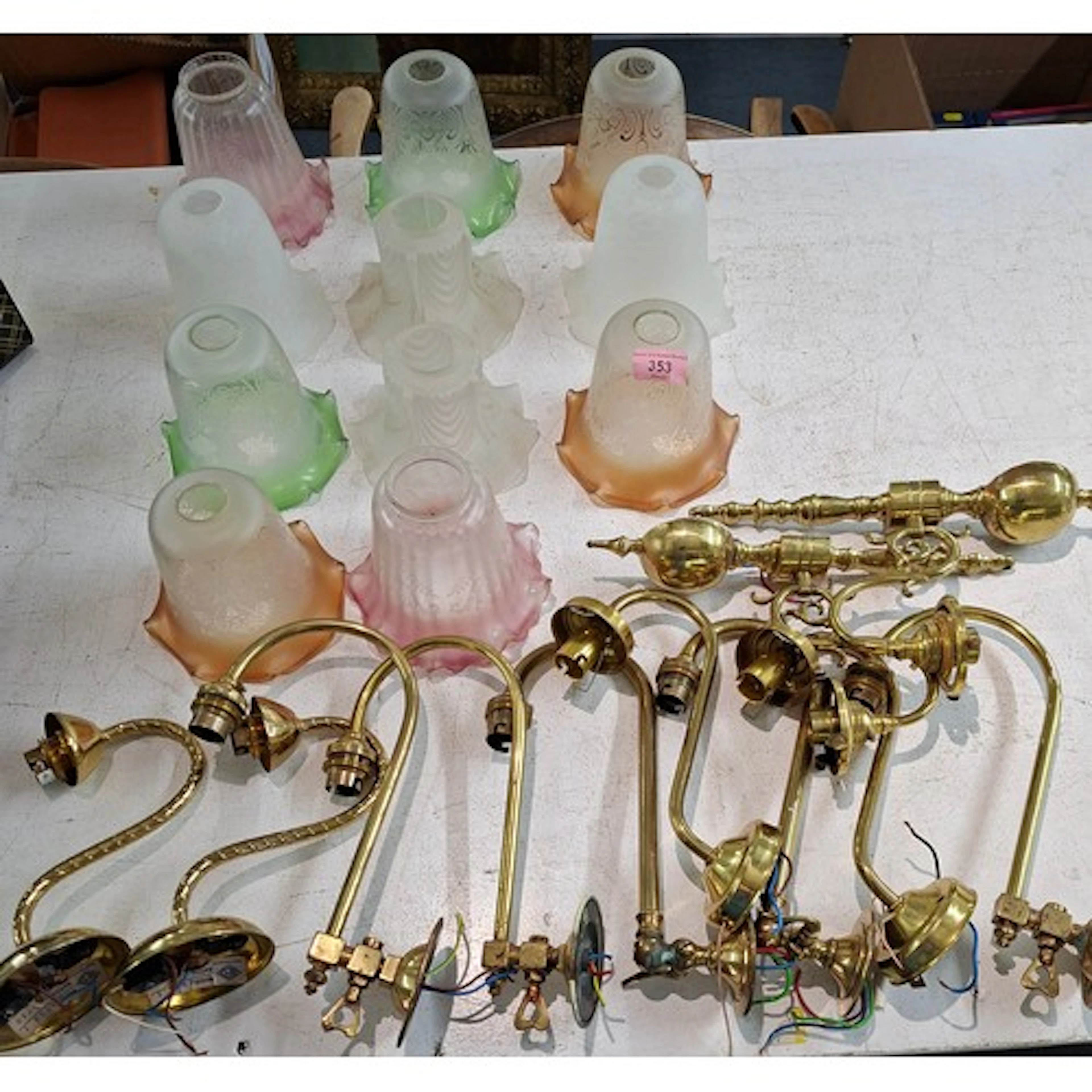 Eleven brass side lights and 11 frosted shades to include 2 ...
